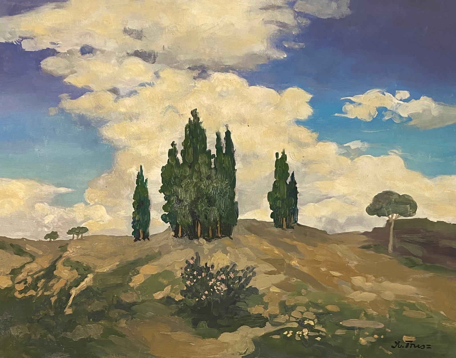 Ivan Trusz Painting on Paper Style of: This lot consists of a hand painted oil on Paper rendered in the style of the American painter Ivan Trusz. Ivan Trusz was a Russian painter who was born in 1869. Ivan Trusz's work has been offered at 