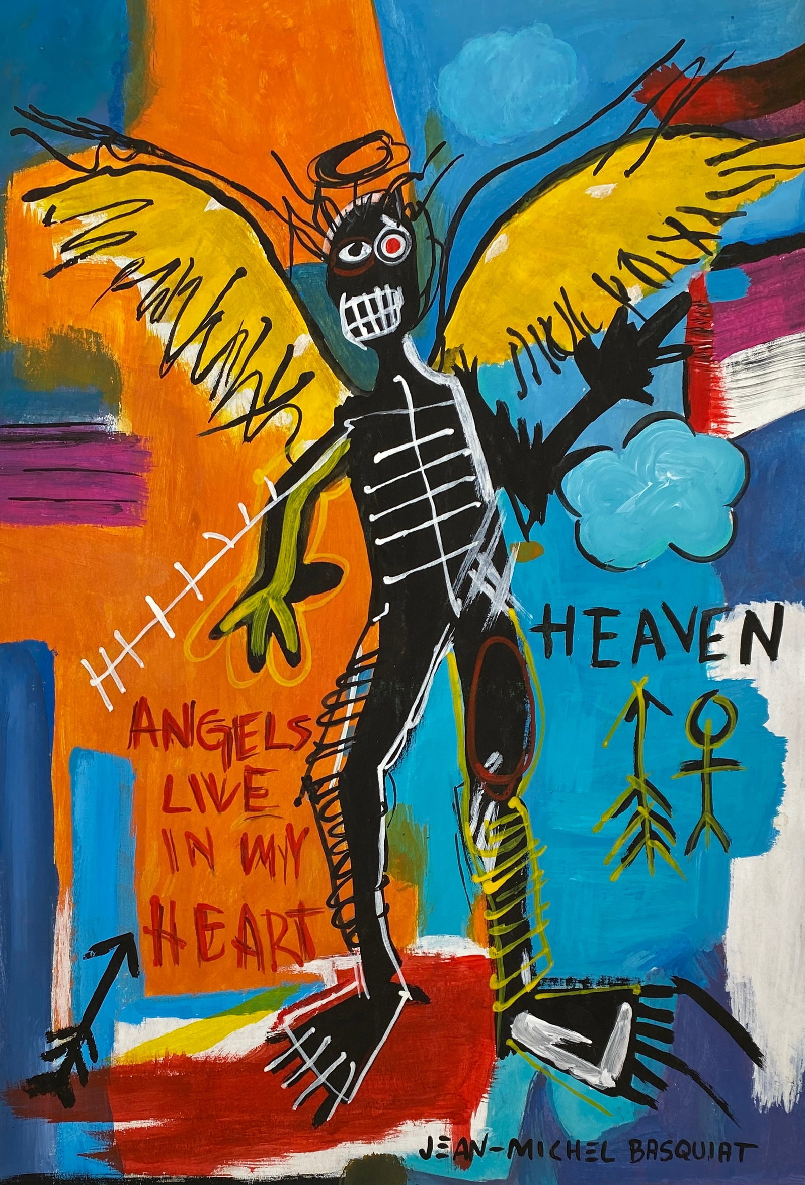 Jean Michel Basquiat American 1960 - 1988 Mixed Media on Paper Painting Haring Pop Art Style Of: This lot consists of a hand painted Mixed Media on paper in the style of the painter Jean-Michel Basquiat.Jean-Michel Basquiat, also known as SAMO, was an American artist of Haitian and Puerto Rican d