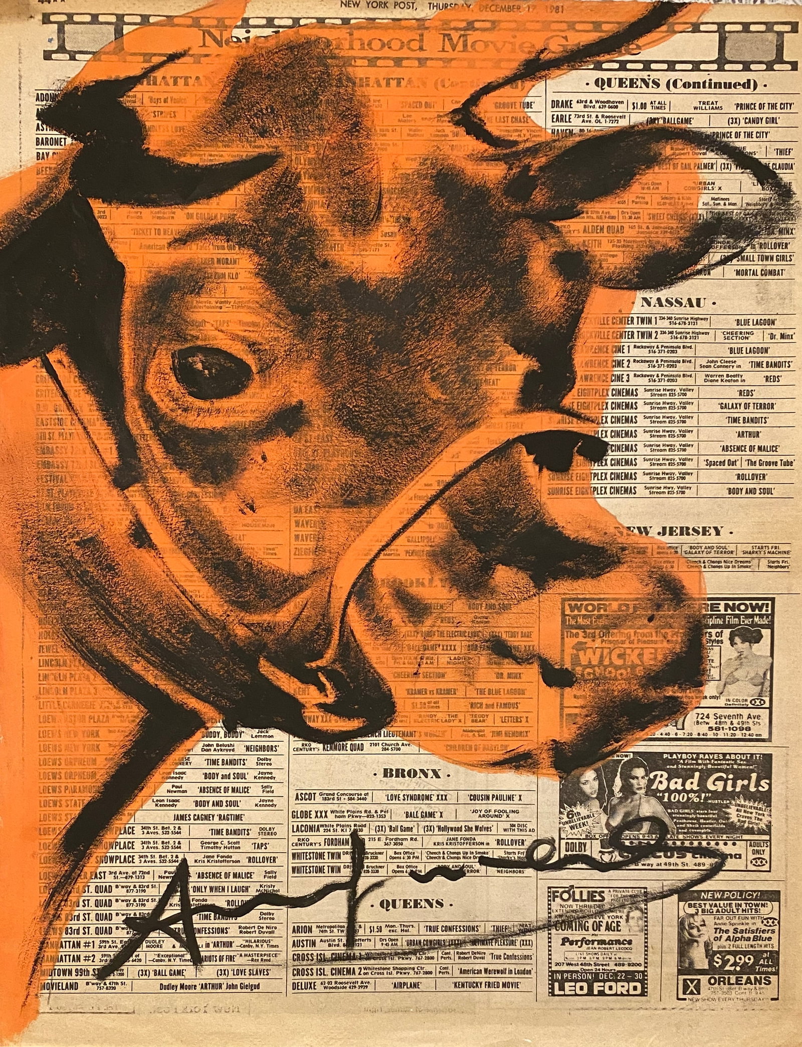 Andy Warhol, Cow on newspaper Style Of: This lot consists of a Painting on a piece of old newspaper. Dated December 1981 in the style of the painter Andy Warhol.Andy Warhol fue un artista plástico y actor estadounidense que desempeñó un 