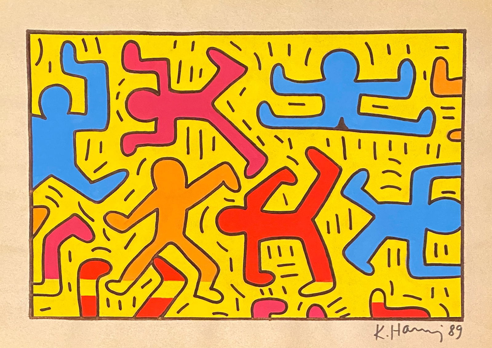 KEITH HARING MIXED MEDIA ON PAPER STYLE OF: This lot consists of a hand painted drawing on paper in the style of the painter Keith Haring.Keith Allen Haring was an American artist and social activist whose pop art emerged from the New York graf