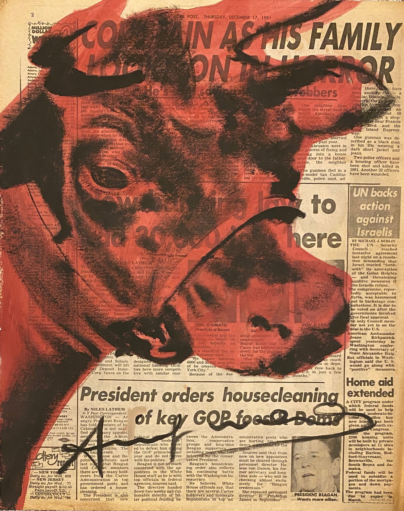 Andy Warhol, Cow on newspaper Style Of: This lot consists of a Painting on a piece of old newspaper. Dated December 1981 in the style of the painter Andy Warhol.Andy Warhol fue un artista plástico y actor estadounidense que desempeñó un 