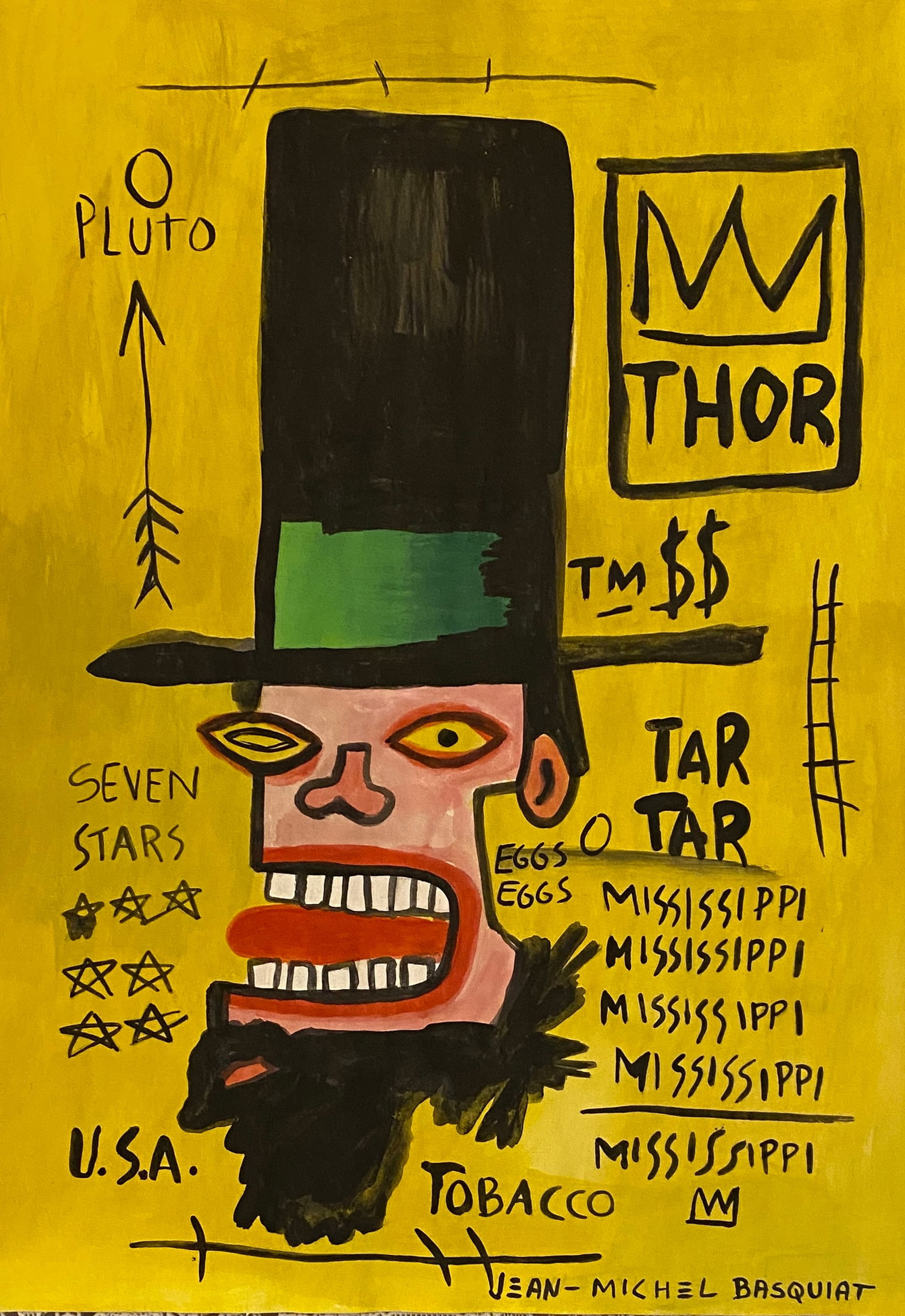 Jean Michel Basquiat American 1960 - 1988 Mixed Media on Paper Painting Haring Pop Art Style Of: This lot consists of a hand painted Mixed Media on paper in the style of the painter Jean-Michel Basquiat.Jean-Michel Basquiat, also known as SAMO, was an American artist of Haitian and Puerto Rican d