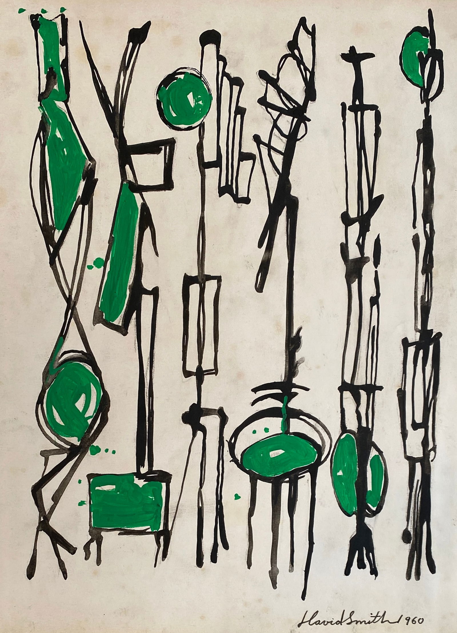 DAVID SMITH 1906-1965 INK OIL PAINTING ON PAPER Style Of: This lot consists of a hand painted ink on paper in the style of the painter David Smith. David Smith was an American sculptor, famous for his abstract metal constructions. Image Size: 11 by 8 1/4 inc