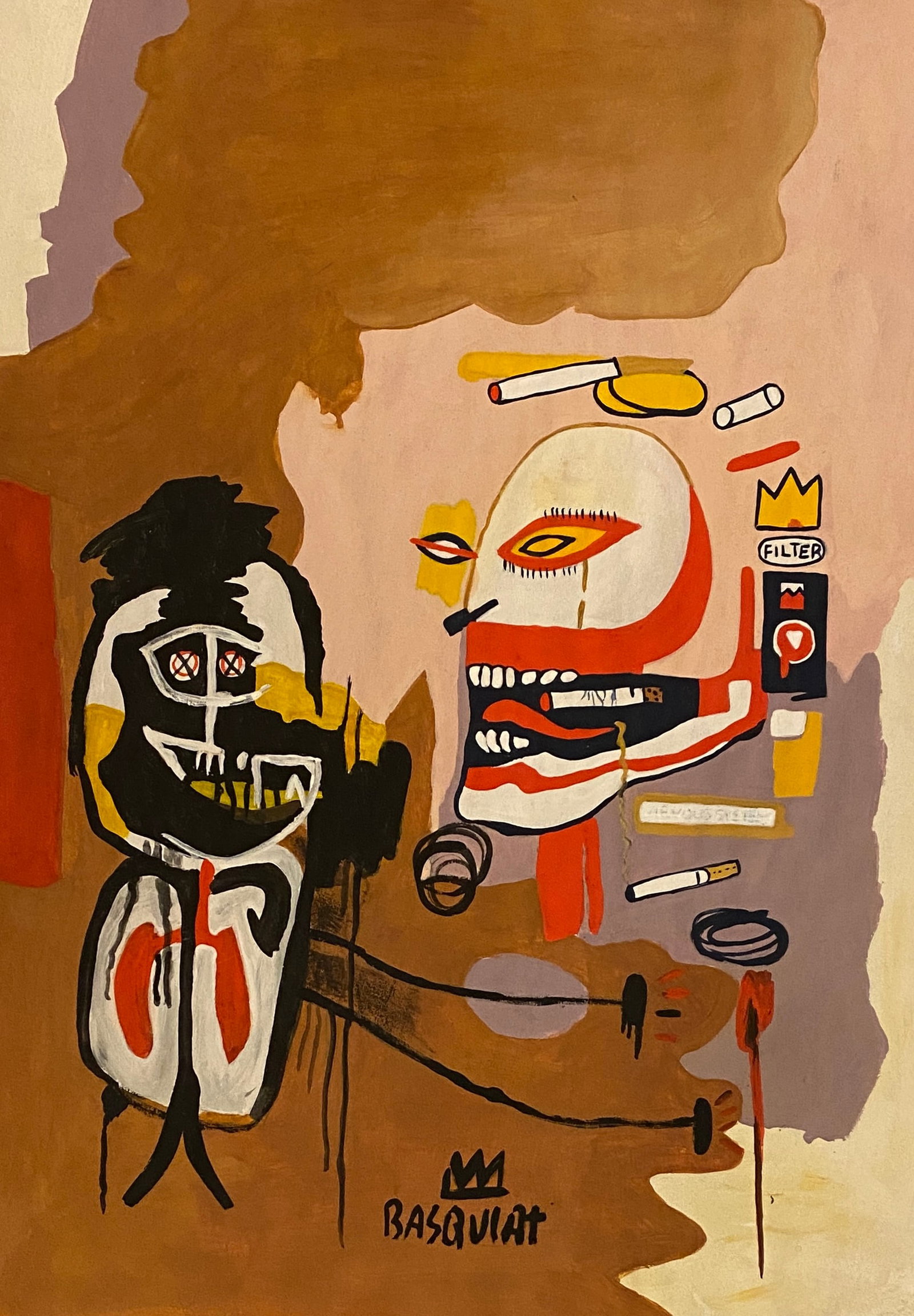 Jean Michel Basquiat American 1960 - 1988 Mixed Media on Paper Painting Haring Pop Art Style Of: This lot consists of a hand painted Mixed Media on paper in the style of the painter Jean-Michel Basquiat.Jean-Michel Basquiat, also known as SAMO, was an American artist of Haitian and Puerto Rican d