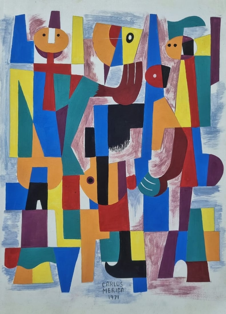 CARLOS MERIDA GUATEMALA 1891-1984 MIXED MEDIA (Style Of): This lot consists of a hand painted Pastel on paper in the style of the painter CARLOS MERIDA. Carlos Mérida was a Guatemalan painter and sculptor, naturalized Mexican. He was part of Mexican muralis