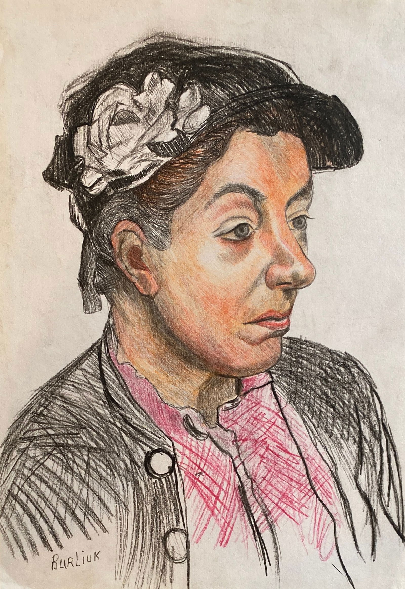David Burliuk Drawing, Portrait of a Lady: This lot consists of a color pencil on paper in the style of the painter Davíd Davídovich Burliúk. Davíd Davídovich Burliúk was a Russian-born American artist, illustrator and publicist, brother