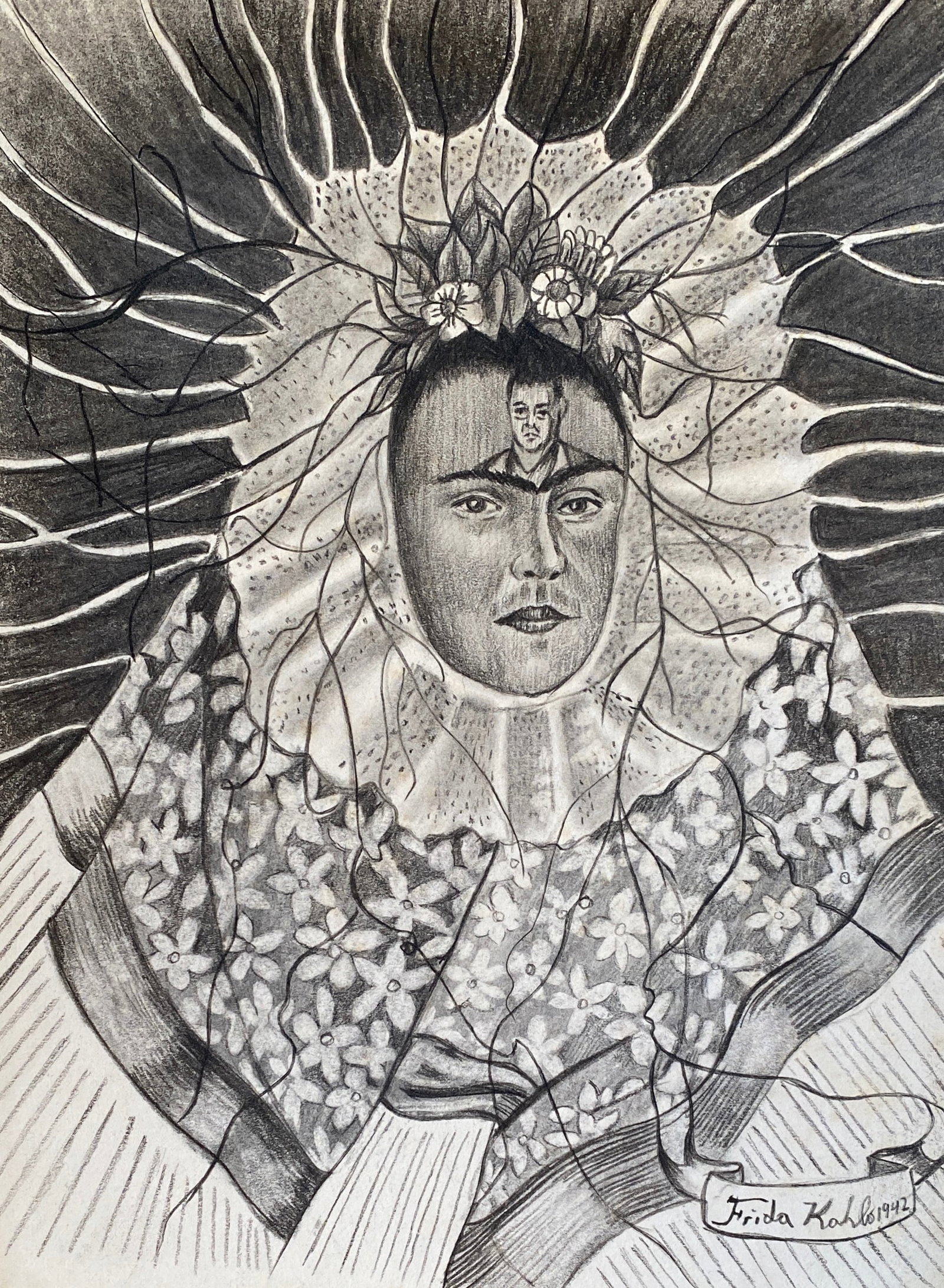 FRIDA KAHLO SELF PORTRAIT PENCIL PAINTING STYLE OF: This lot consists of a hand-painted pencil on paper in the style of the painter Frida Kahlo. Magdalena Frida Carmen Kahlo y Calderón, known as Frida Kahlo, was a Mexican painter. Her work revolves th