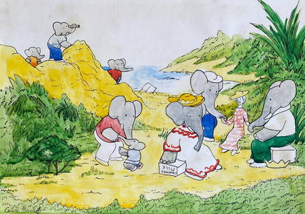 Laurent de Brunhoff (French b.1925)- Babar Style Of: This lot consists of a hand-painted watercolor on paper in the style of painter Laurent de Brunhoff. Laurent de Brunhoff (Paris, France, 1925), a writer and illustrator, studied painting and fine arts