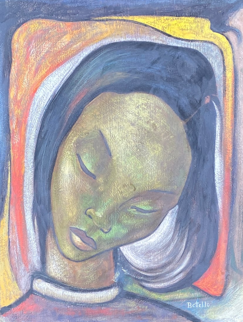 Angel Botello Portrait of a Woman (Style Of): This lot consists of a hand painted Portrait on Masonite in the style of the painter Angel Botello.?ngel Botello, full name ?ngel Botello y Barros, was a Spanish-Puerto Rican painter, sculptor and gra