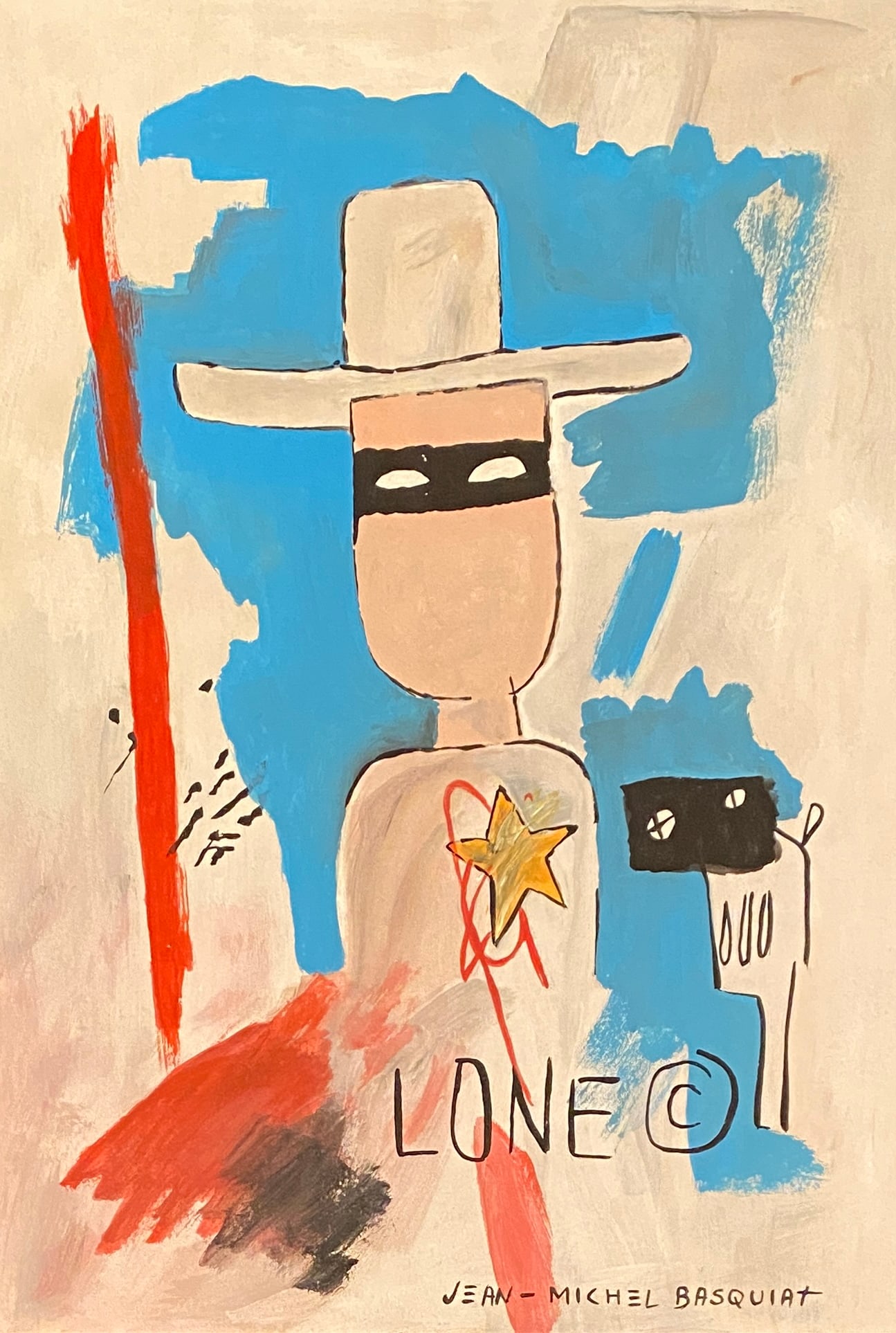 Jean Michel Basquiat American 1960 - 1988 Mixed Media on Paper Painting Haring Pop Art Style Of: This lot consists of a hand painted Mixed Media on paper in the style of the painter Jean-Michel Basquiat.Jean-Michel Basquiat, also known as SAMO, was an American artist of Haitian and Puerto Rican d