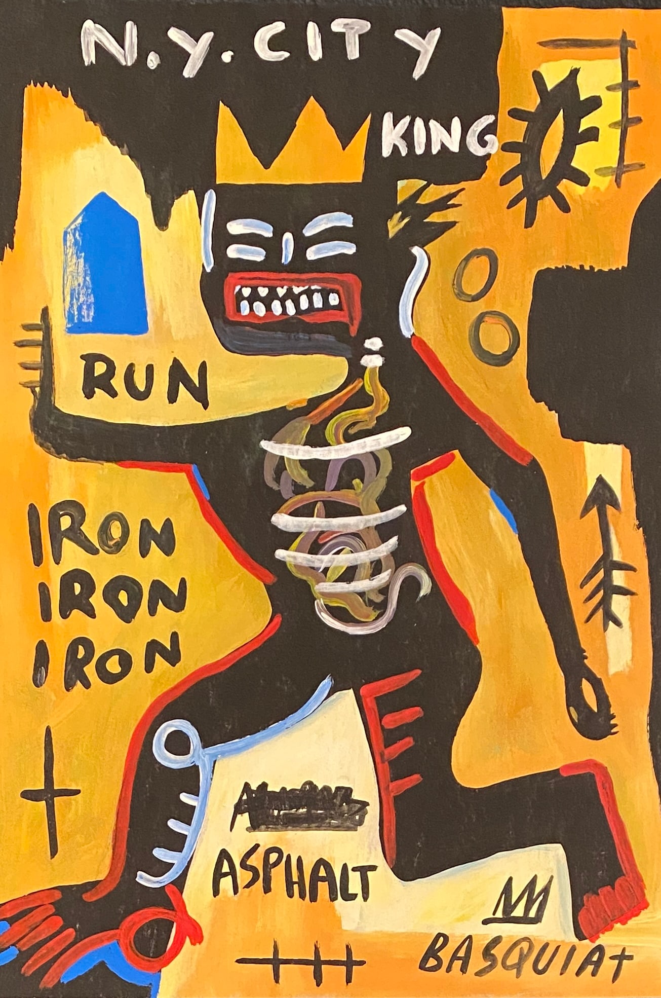 Jean Michel Basquiat American 1960 - 1988 Mixed Media on Paper Painting Haring Pop Art Style Of: This lot consists of a hand painted Mixed Media on paper in the style of the painter Jean-Michel Basquiat.Jean-Michel Basquiat, also known as SAMO, was an American artist of Haitian and Puerto Rican d