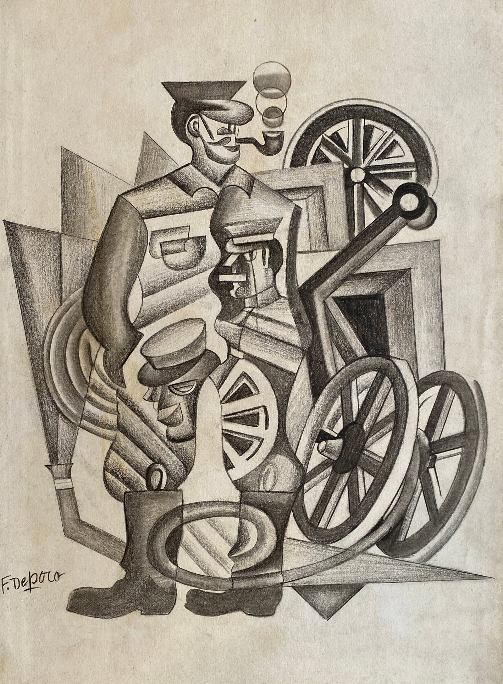 Fortunato Depero (Italian, 1892-1960) Charcoal on Paper Style Of: This lot consists of a hand painted Pencil on paper in the style of the painter Fortunato Depero. Fortunato Depero was an Italian painter, sculptor, designer, illustrator, set designer and advertising