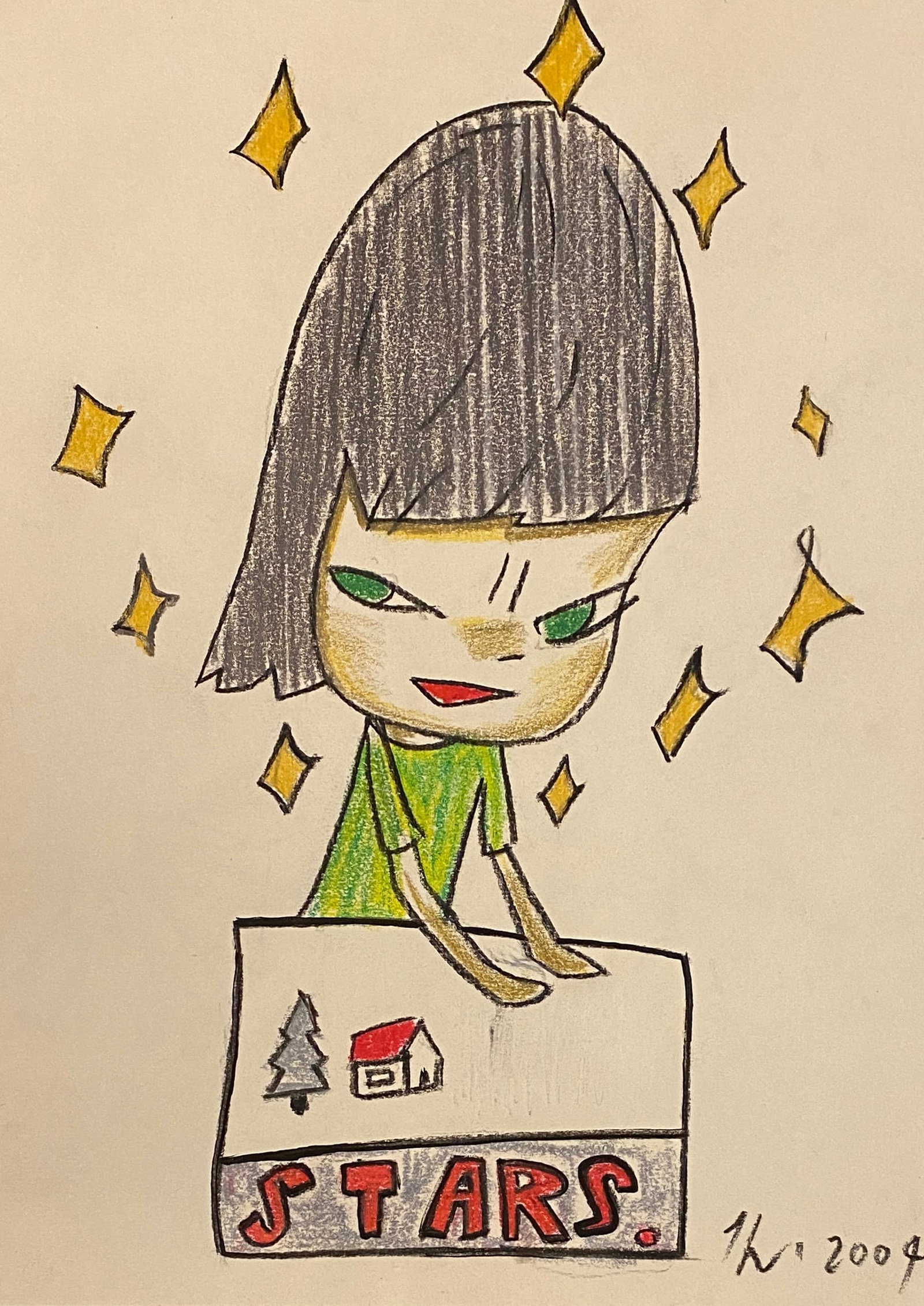 Yoshitomo Nara (Japanese, 1959 - ) - Mixed Media on Paper (Style Of): This lot consists of a hand painted Drawing on paper in the style of the painter Yoshitomo Nara.Yoshitomo Nara contemporary Japanese artist. He graduated in Fine Arts from Aichi University in 1985, ob