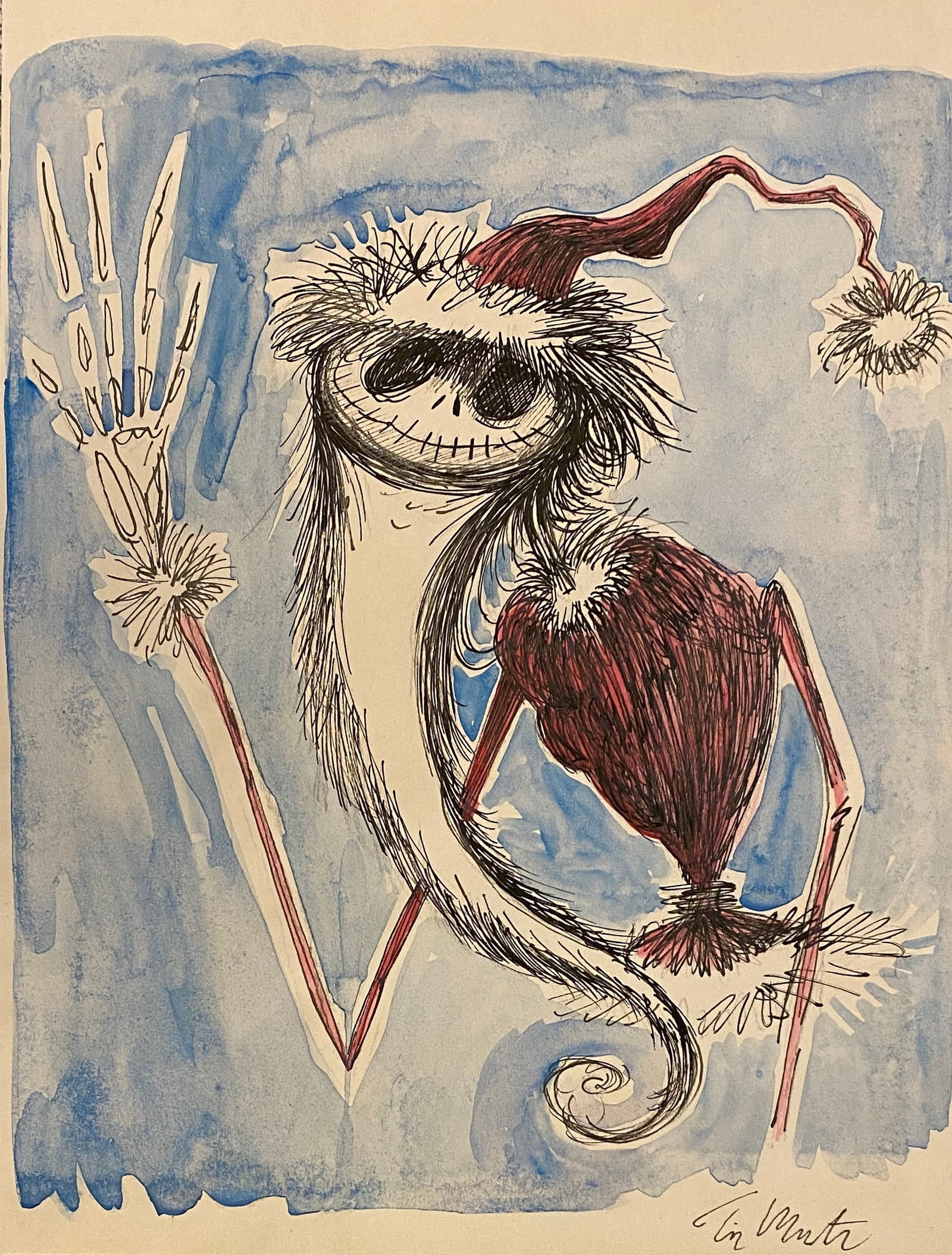 TIM BURTON INK ON PAPER (Style Of): This lot consists of a hand painted Ink Drawing on paper in the style of the painter TIM BURTON. Timothy Walter "Tim" Burton is an American film director, producer, writer and cartoonist whose films i
