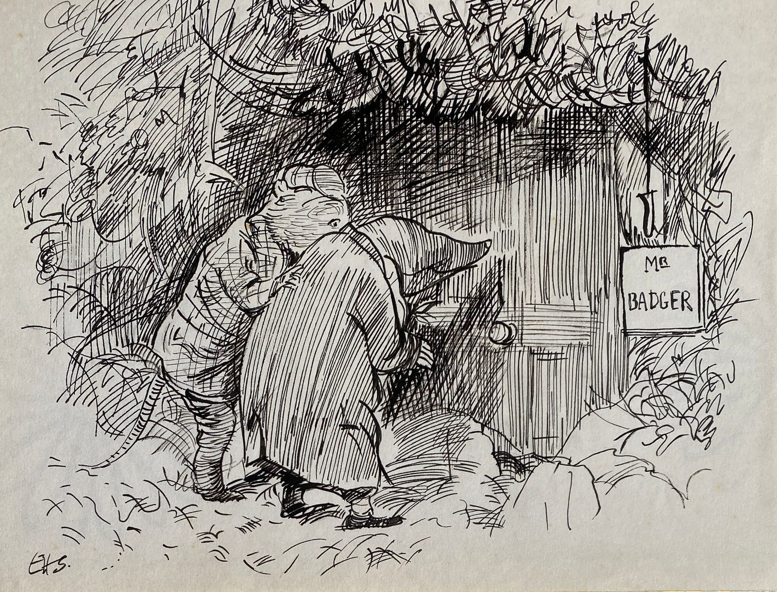 E. H. Shepard English (1879- 1976) Ink (Style of): This lot consists of a hand ink on paper in the style of the painter E. H. Shepard. He is known especially for illustrations of the anthropomorphic animal and soft toy characters in The Wind in the Wi