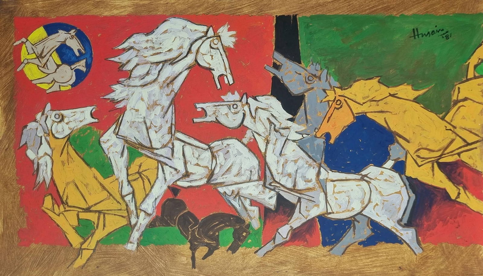 Maqbool Fida Husain Painting (Style of): This lot consists of a hand painted on paper in the style of the painter Maqbool Fida Husain.Maqbool Fida Husain was an Indian painter and filmmaker. In 2005, due to lawsuits against the content of hi