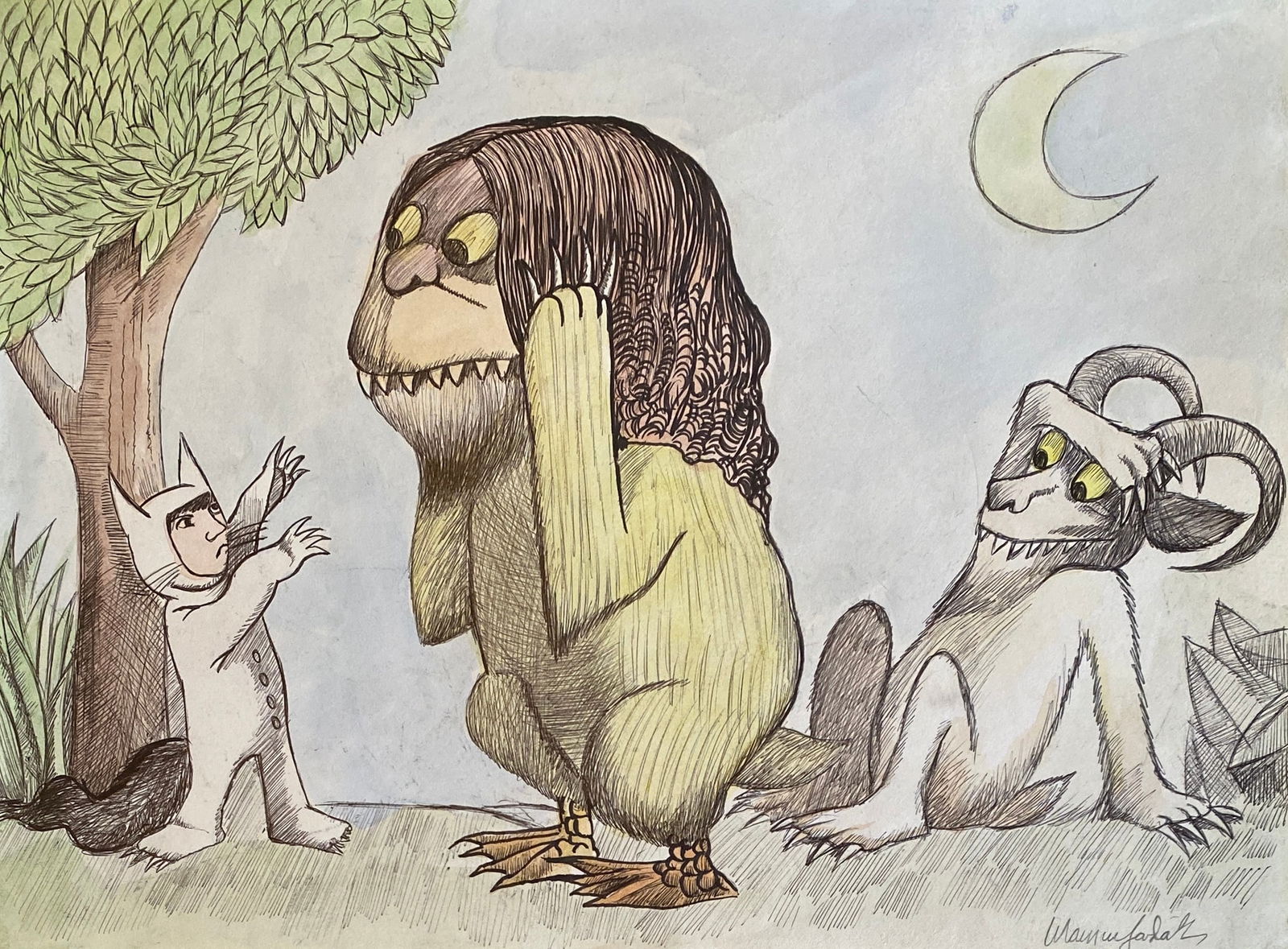 Maurice Bernard Sendak INK ON PAPER - STYLE OF: This lot consists of a hand painted Mixed Media on paper in the style of the painter Maurice Bernard Sendak. Maurice Bernard Sendak was an American illustrator and writer of children's literature.Imag