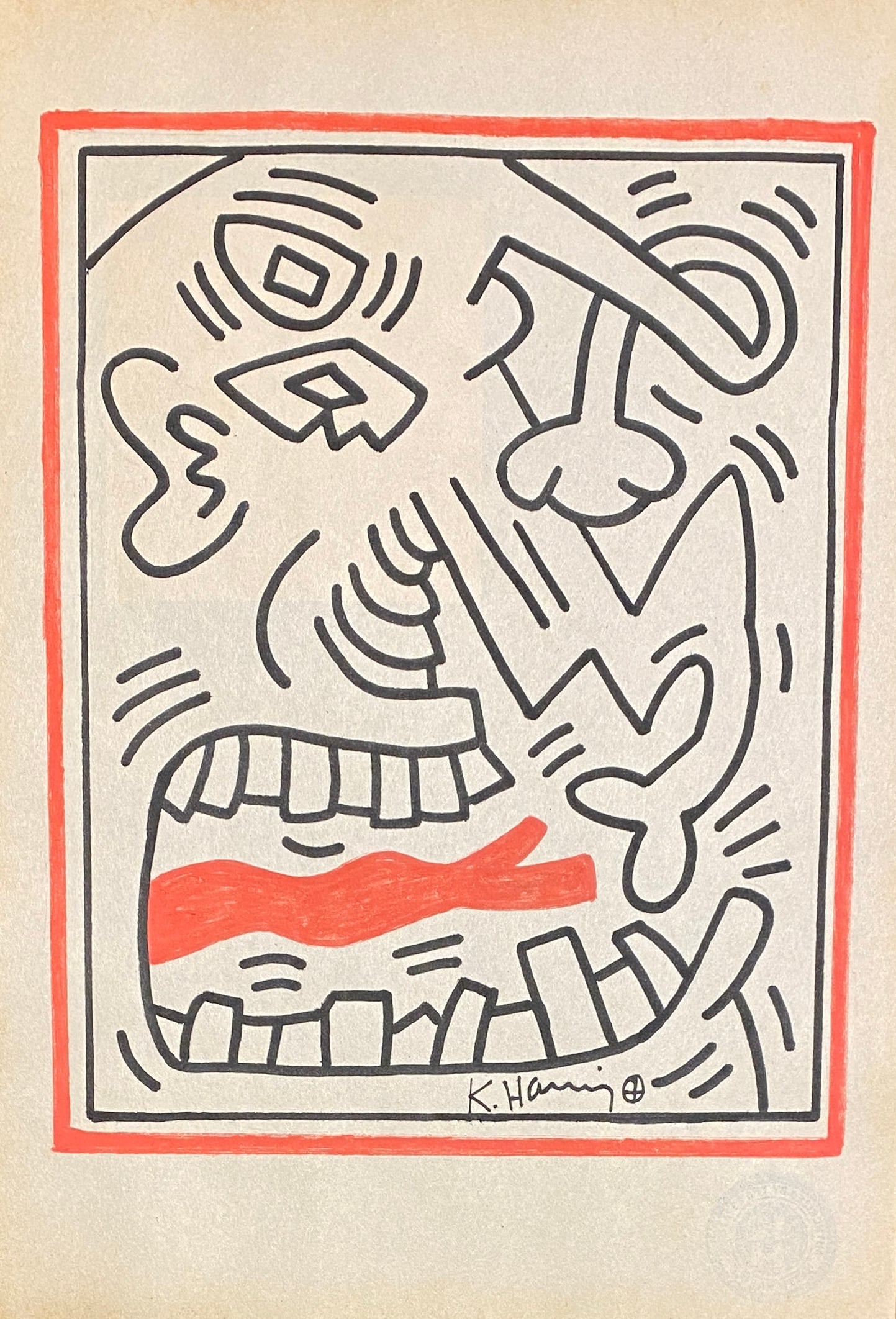 KEITH HARING MARKER ON PAPER STYLE OF: This lot consists of a hand painted drawing on paper in the style of the painter Keith Haring.Keith Allen Haring was an American artist and social activist whose pop art emerged from the New York graf