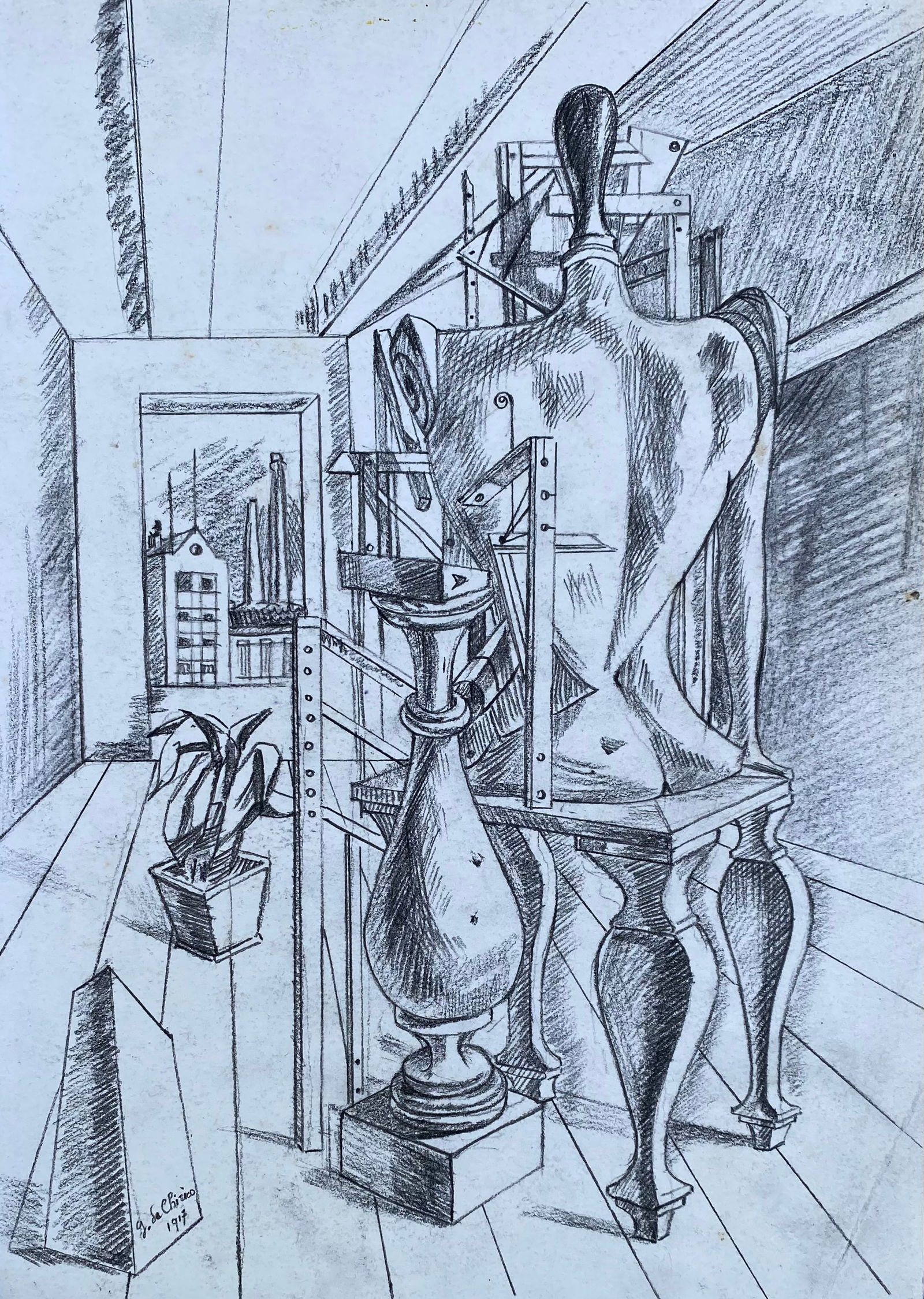 GIORGIO DE CHIRICO Italian 1888-1978 Pencil (Style Of): This lot consists of a hand painted Pencil on paper in the style of the painter Giorgio de Chirico.Giorgio de Chirico was an Italian painter born in Greece to Italian parents. De Chirico is recognized