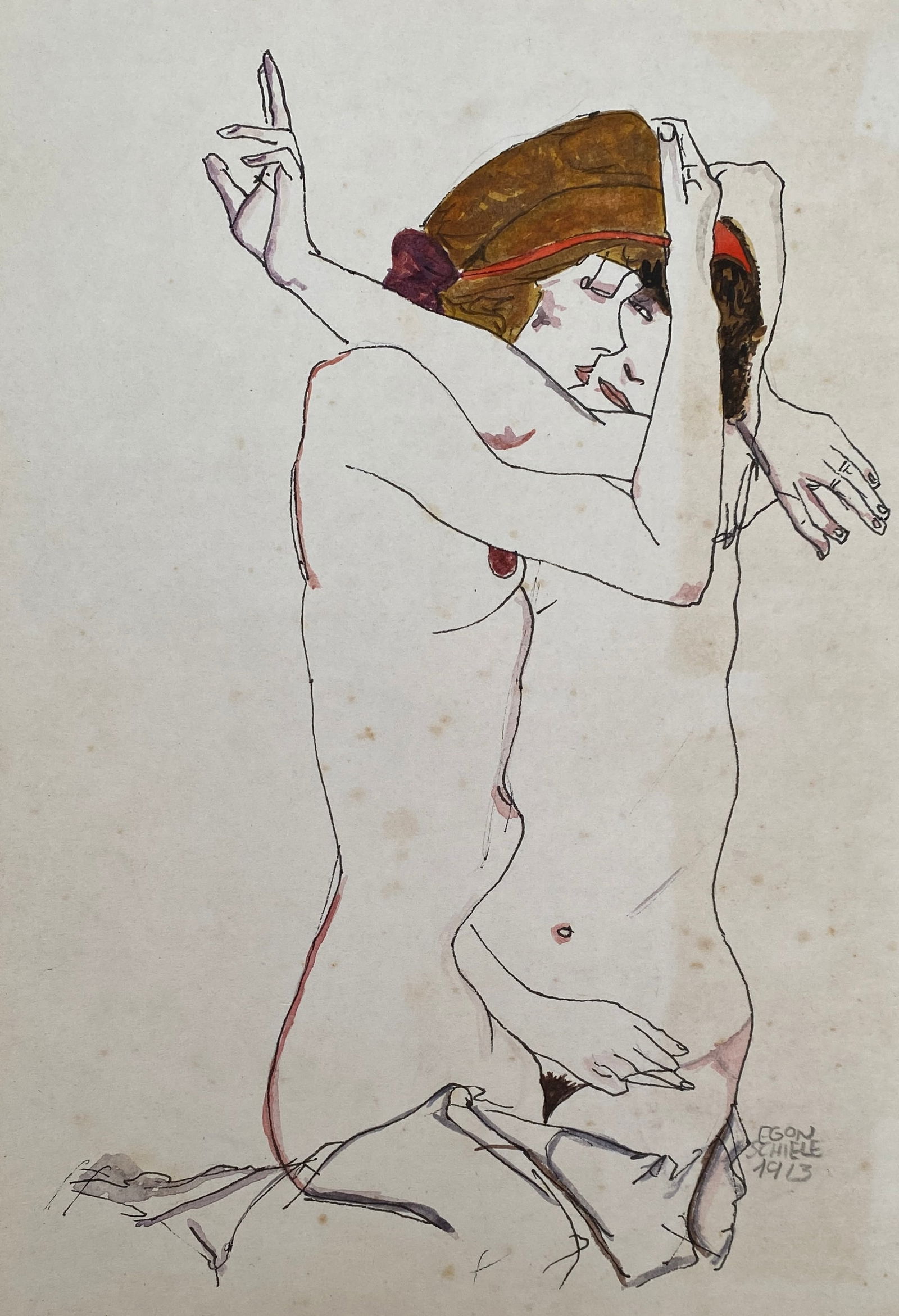 Egon Schiele (Mixed Media) (Style Of): This lot consists of a hand painted Mixed Media on paper in the style of the painter Egon Schiele.Egon Leo Adolf Schiele, better known as Egon Schiele, was a contemporary Austrian painter and printmak