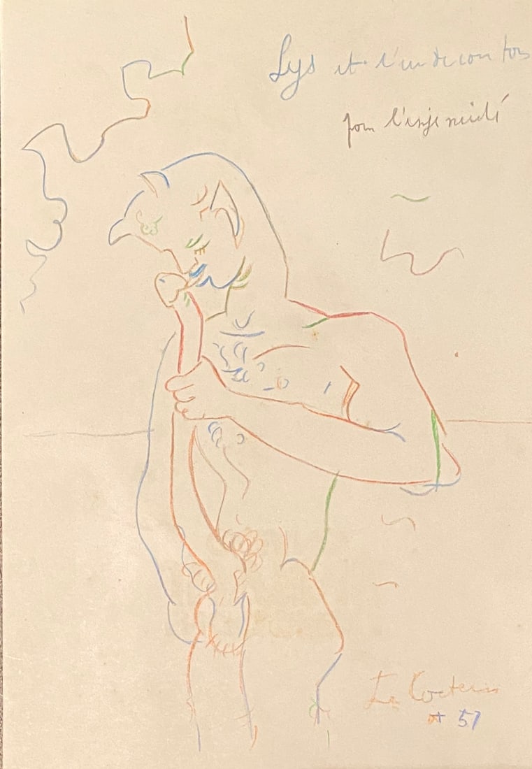Jean Cocteau Ink Drawing on Paper (style of): This lot consists of a hand painted Ink on paper in the style of the painter Jean Cocteau.Jean Cocteau was a French poet, playwright, writer, art critic, essayist, painter, film director and designer.