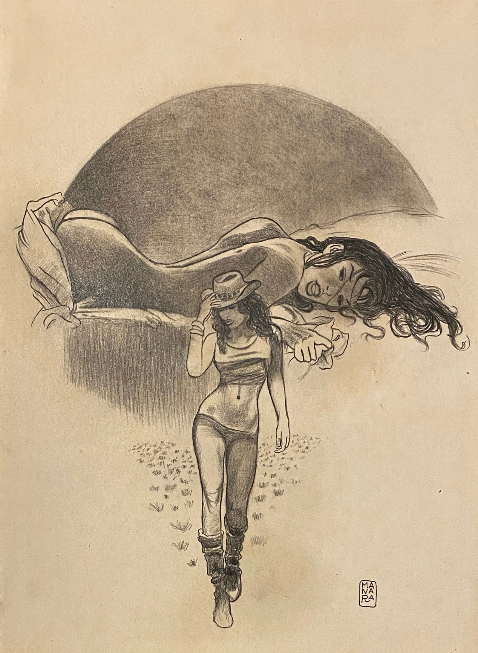 Milo Manara Ink and pencil On Paper (Style Of): This lot consists of a hand painted Ink and pencil on paper in the style of the painter Milo Manara.Milo Manara is an Italian cartoonist, considered the undisputed master of erotic comics, thanks to w