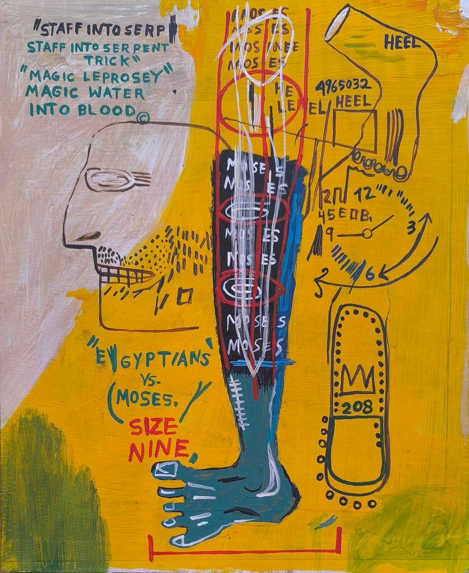 Jean Michel Basquiat American 1960 - 1988 Acrylic on cardboard Painting Haring Pop Art Style Of: This lot consists of a hand painted Acrylic on cardboard in the style of the painter Jean-Michel Basquiat.Jean-Michel Basquiat, also known as SAMO, was an American artist of Haitian and Puerto Rican d