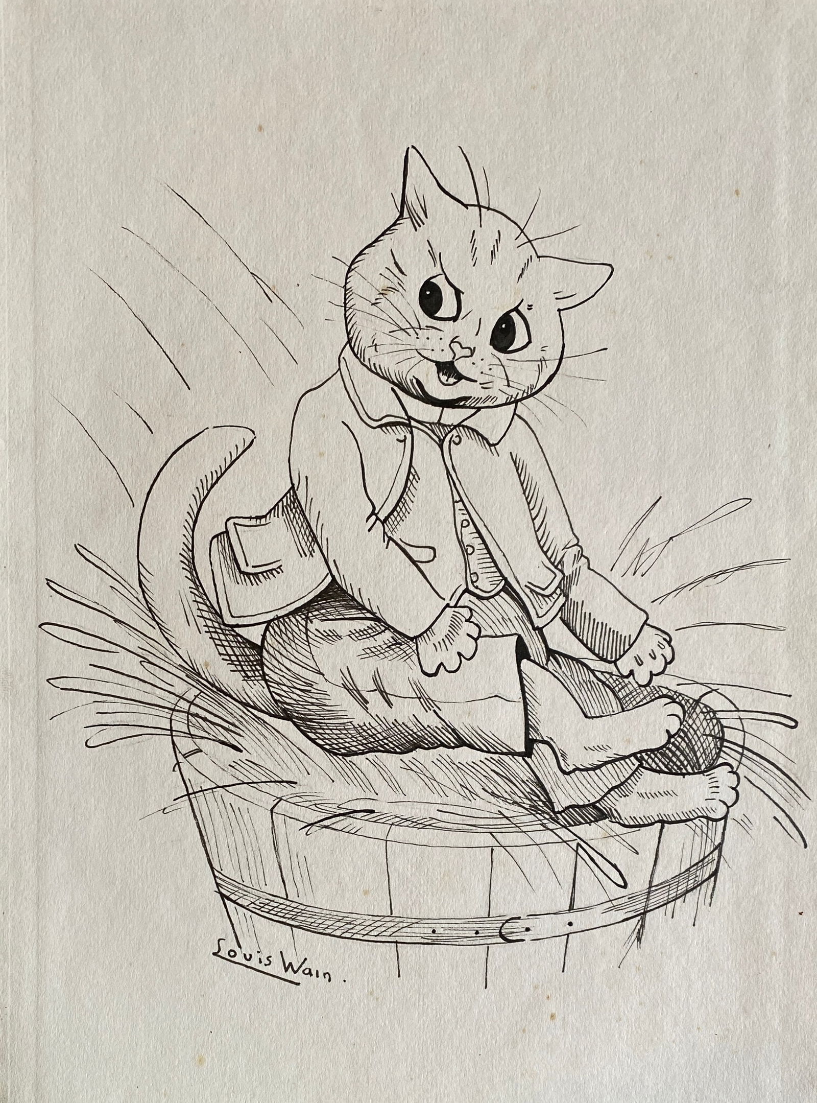 Louis Wain Color Pencil on Paper Unframed Style Of: This lot consists of a hand painted color pencil on paper in the style of the painter Louis William Wain. Louis William Wain was an English artist. Wain is known for his drawings, in which he constant