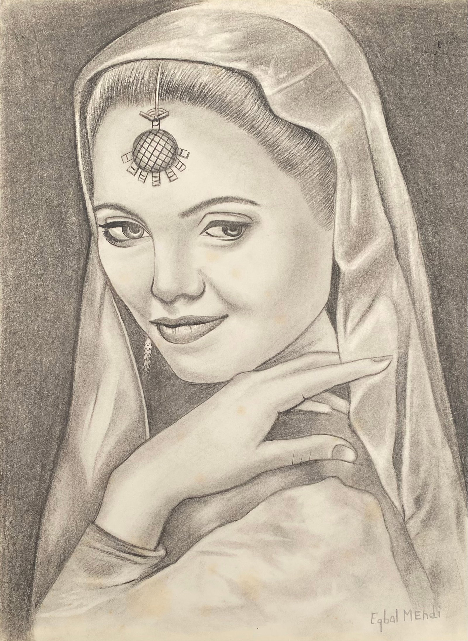 Beautiful Drawing by Pakistani artist eqbal mehdi (Style Of): This lot consists of a hand painted charcoal, pencil on paper in the style of the painter eqbal mehdi. Eqbal Mehdi was born in Amroha India on April 1, 1946 into a family of writers, poets and filmmak