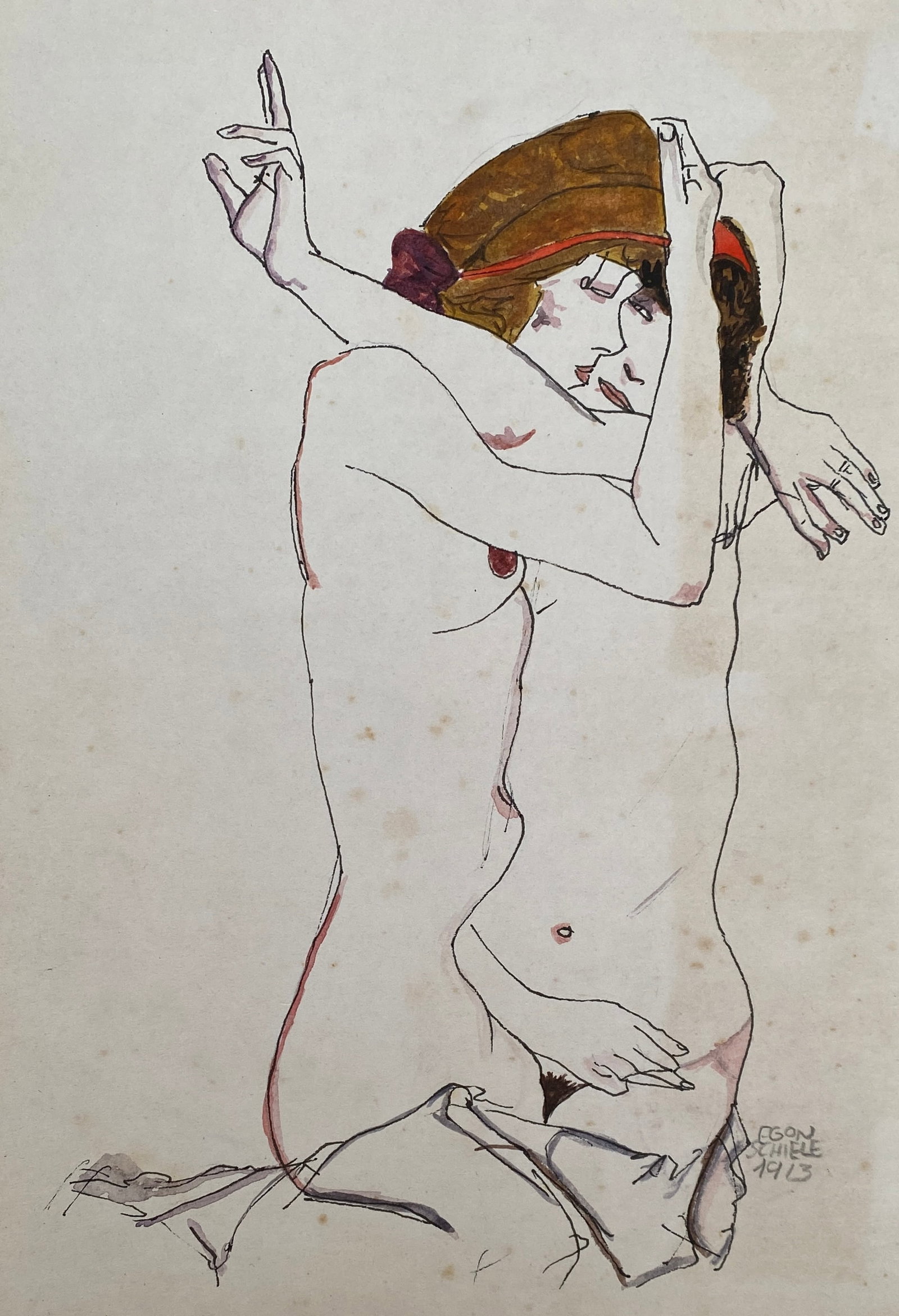 Egon Schiele (Mixed Media) (Style Of): This lot consists of a hand painted Mixed Media on paper in the style of the painter Egon Schiele.Egon Leo Adolf Schiele, better known as Egon Schiele, was a contemporary Austrian painter and printmak