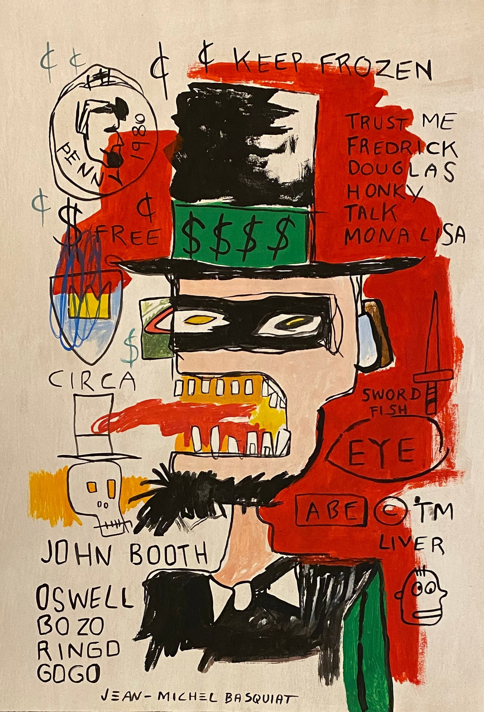 Jean Michel Basquiat American 1960 - 1988 Mixed Media on Paper Painting Haring Pop Art Style Of: This lot consists of a hand painted Mixed Media on paper in the style of the painter Jean-Michel Basquiat.Jean-Michel Basquiat, also known as SAMO, was an American artist of Haitian and Puerto Rican d