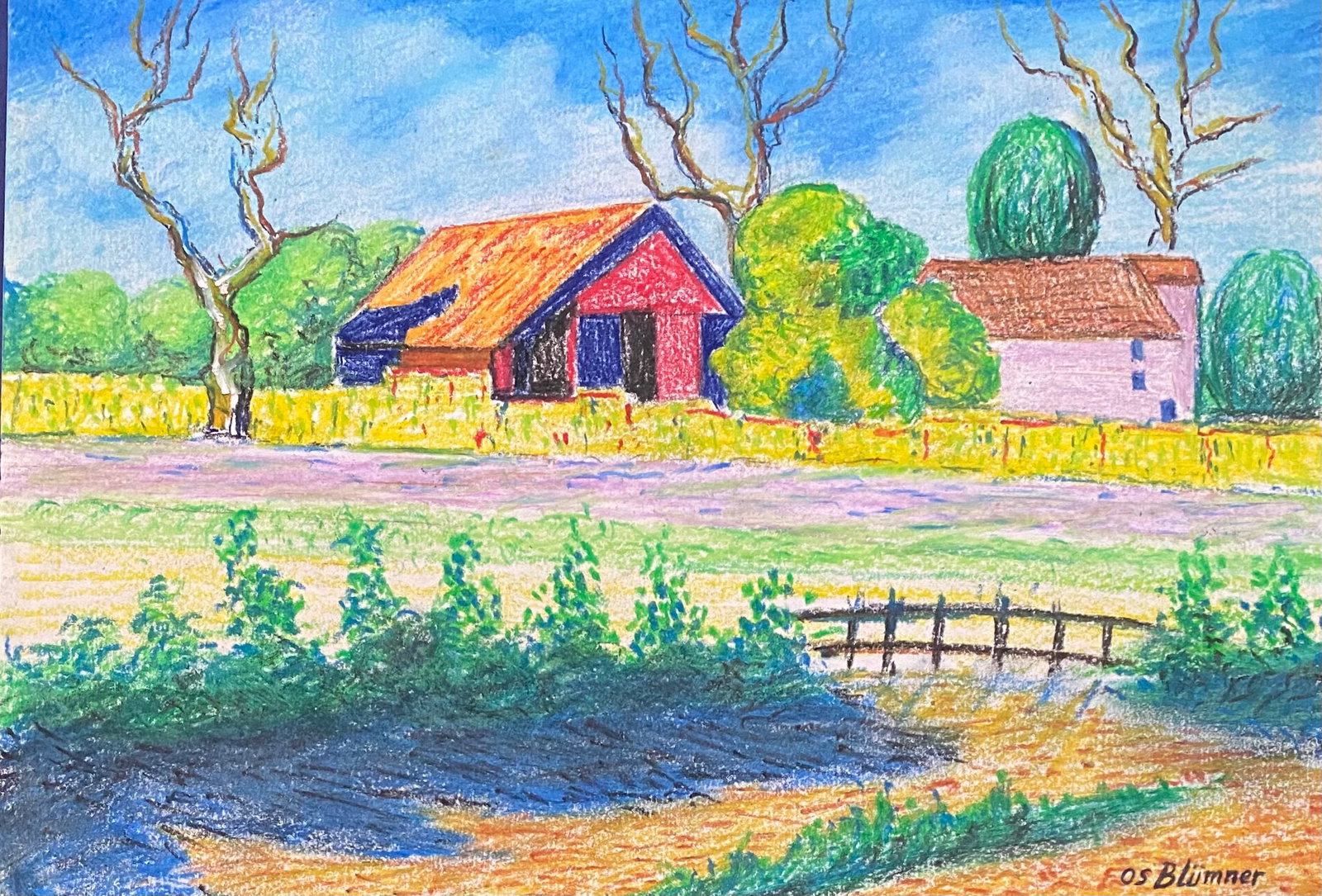 OSCAR BLUEMNER COLORED PENCIL & PASTEL ON PAPER (1867-1938) Style Of: This lot consists of a hand painted COLORED PENCIL on paper in the style of the painter OSCAR BLUEMNER. Born near Hanover, Germany, Oscar Bluemner early followed in the architectural careers of his fa