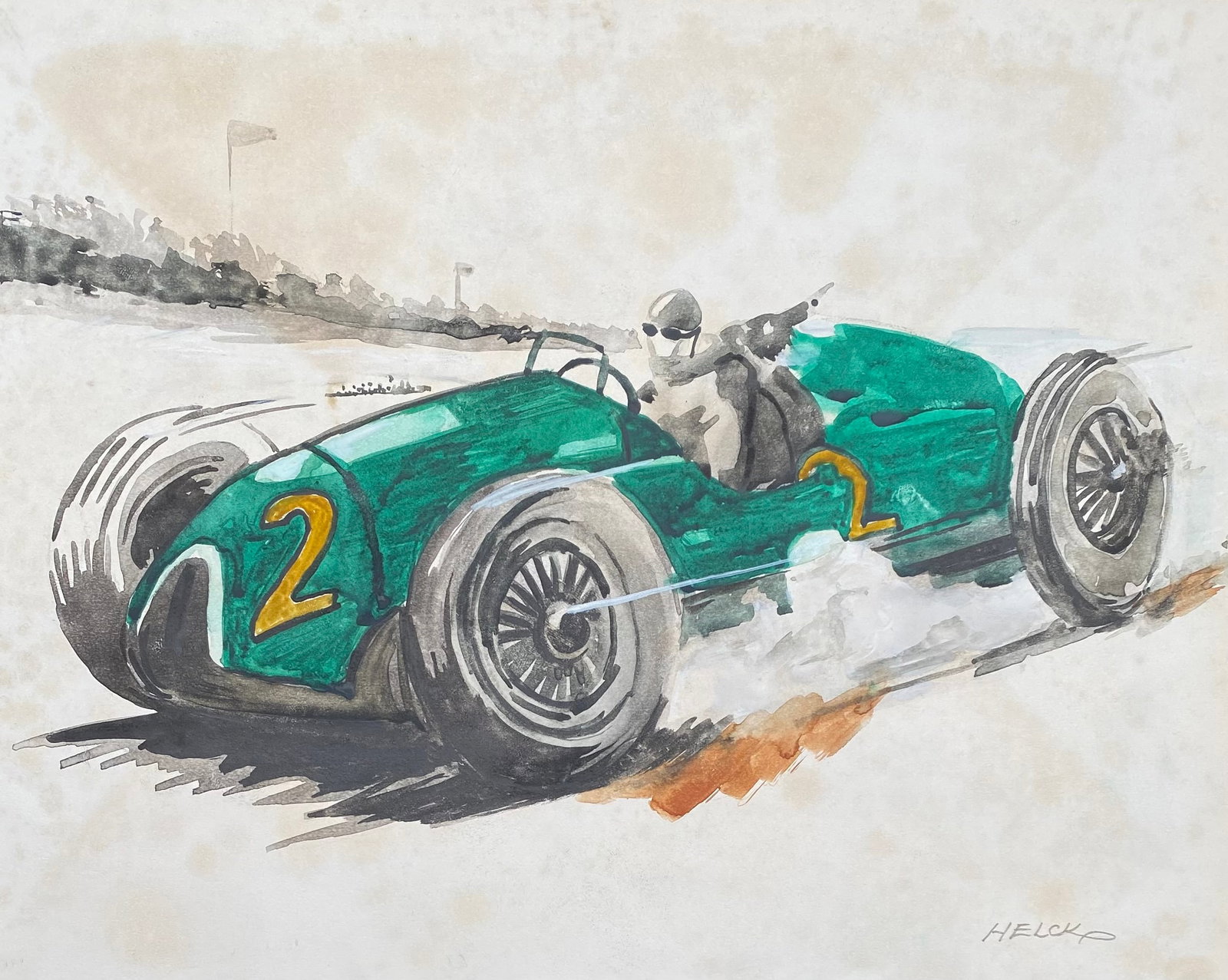 Peter Helck (American, 1893-1988) Pen, Ink, (Style Of): This lot consists of a hand painted Pen and Ink on paper in the style of the painter Peter Helck. Peter Helck was an American illustrator who specialized in depicting racing cars. He estimated that he