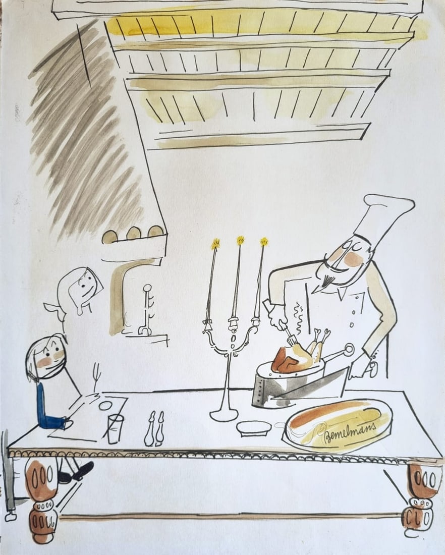 LUDWIG BEMELMANS Mixed Media (Style Of): This lot consists of a hand painted Mixed Media on paper in the style of the painter Ludwig Bemelmans. Ludwig Bemelmans was an American writer and illustrator of Austro-Hungarian origin. Regular contr