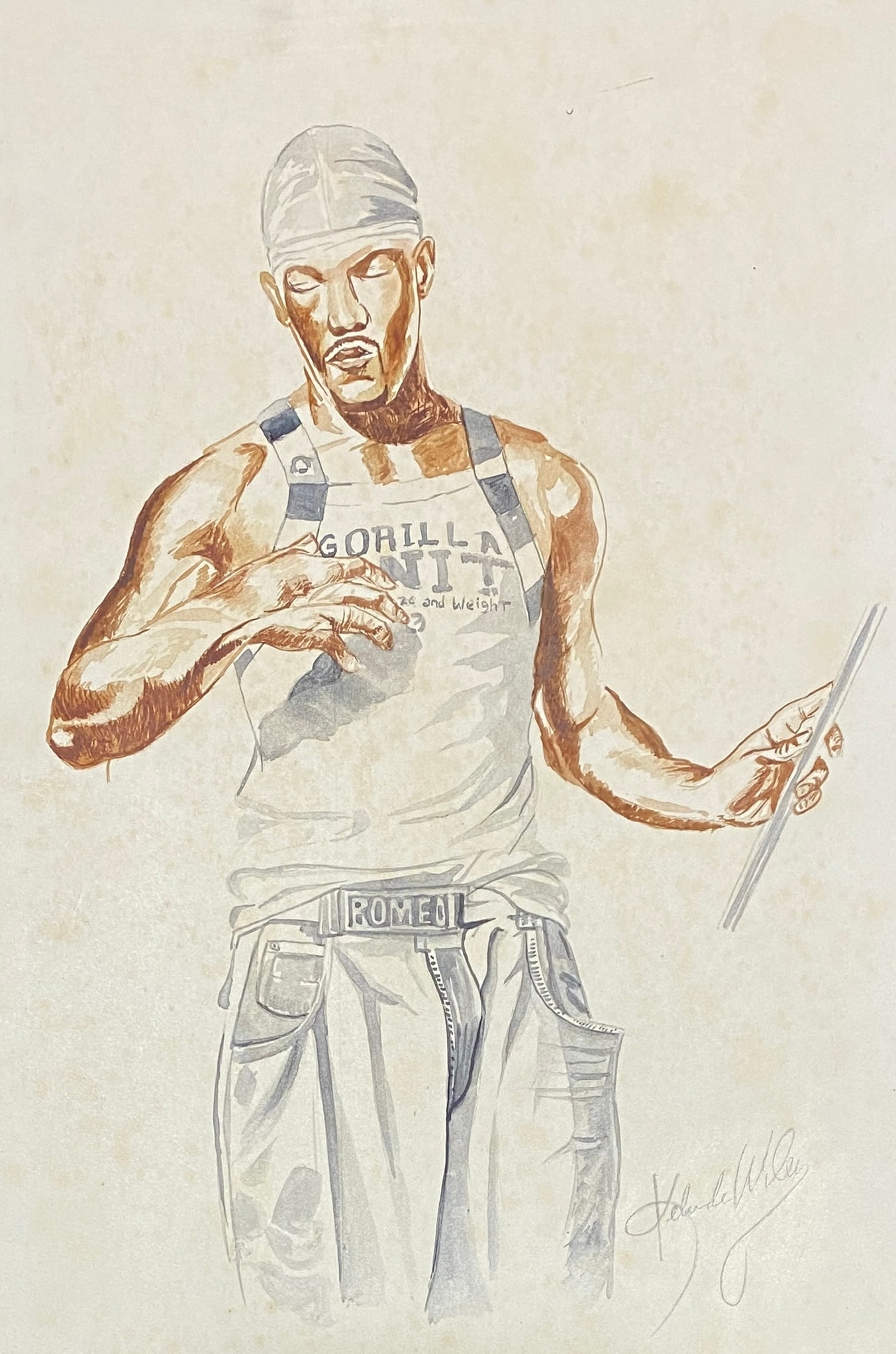 Kehinde Wiley American, Mixed media on paper (style of): This lot consists of a hand painted Mixed media on paper in the style of the painter Kehinde Wiley. Kehinde Wiley is an African-American portrait painter based in New York City, known for his highly n