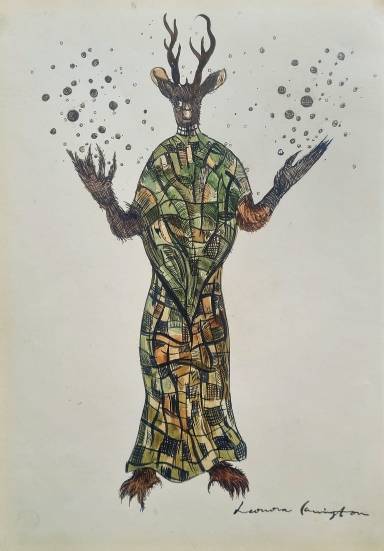 Leonora Carrington, Gouache and ink on paper (Style Of): This lot consists of a hand painted Gouache and ink on paper in the style of the painter Leonora Carrington. Leonora Carrington (Lancashire, England, April 6, 1917-Mexico City, May 25, 2011) was an En