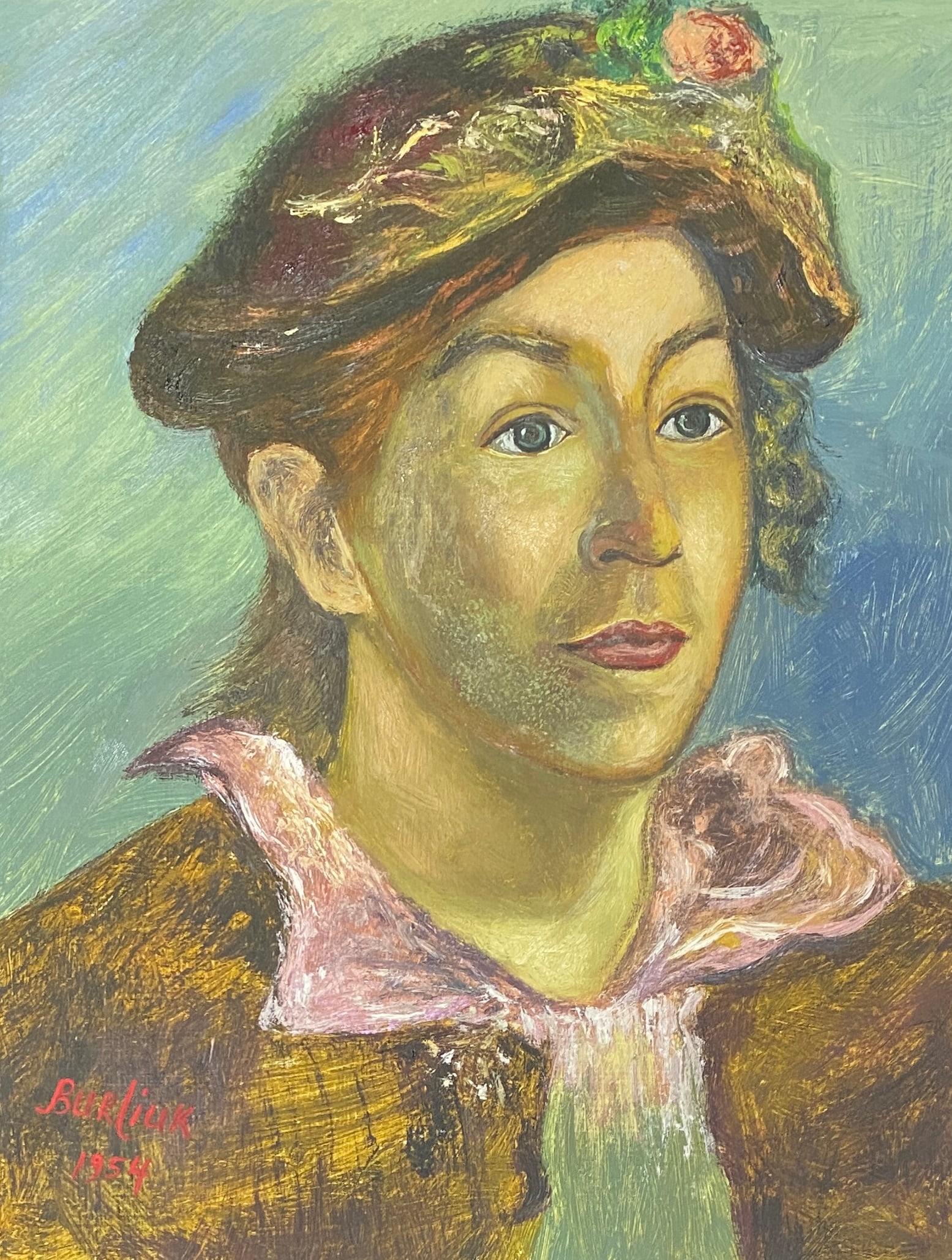 David Burliuk Drawing, Portrait of a Lady Style Of: This lot consists of a hand painted Oil on paper in the style of the painter Davíd Davídovich Burliúk. Davíd Davídovich Burliúk was a Russian-born American artist, illustrator and publicist, bro