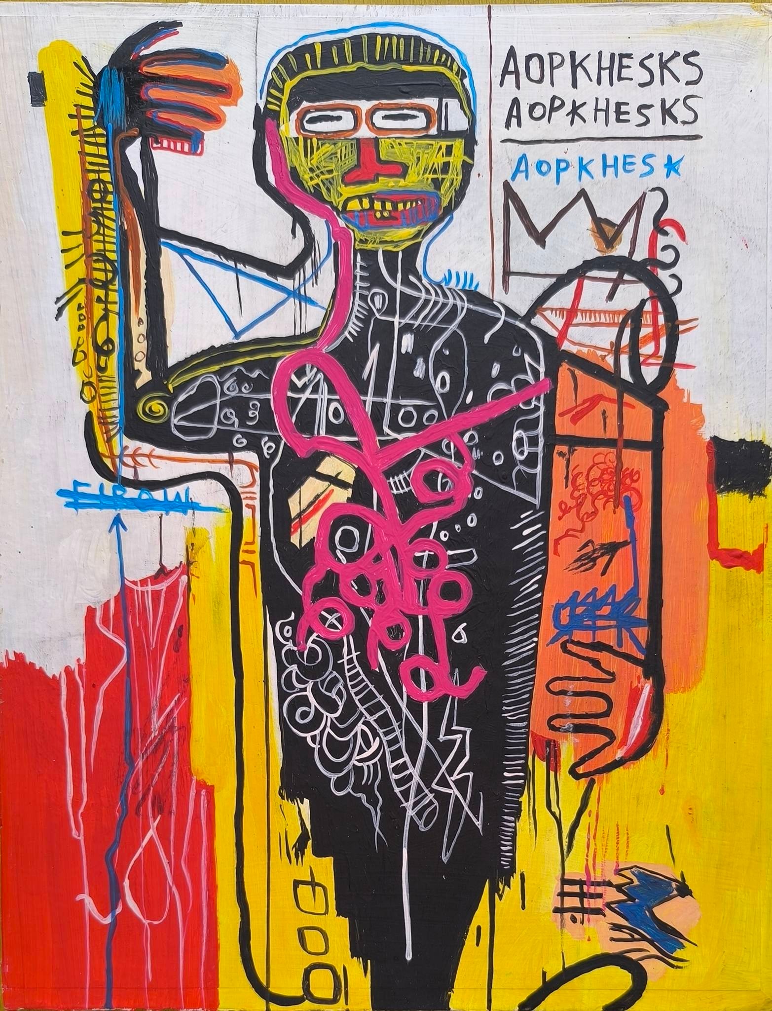 Jean Michel Basquiat American 1960 - 1988 Acrylic on cardboard Painting Haring Pop Art Style Of: This lot consists of a hand painted Acrylic on cardboard in the style of the painter Jean-Michel Basquiat.Jean-Michel Basquiat, also known as SAMO, was an American artist of Haitian and Puerto Rican d