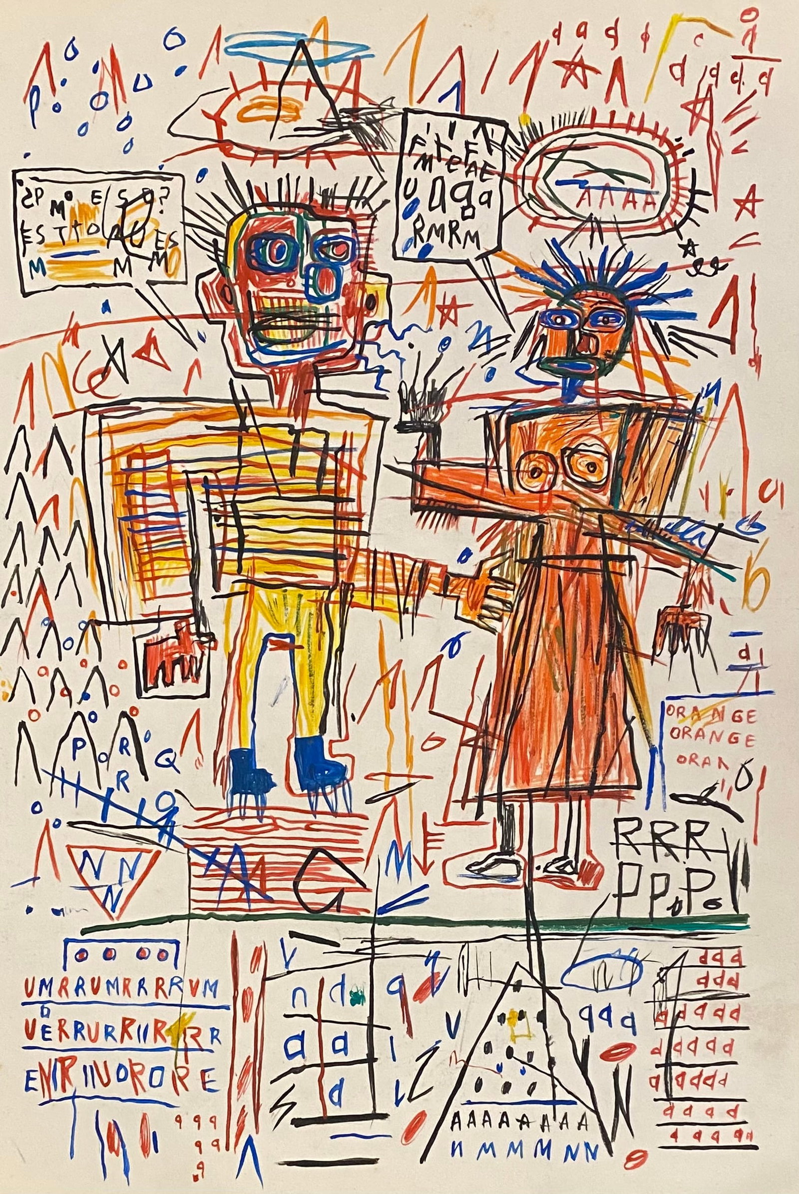 Jean Michel Basquiat American 1960 - 1988 mixed technique on Paper Painting Haring Pop Art Style Of: This lot consists of a hand painted mixed technique on Paper in the style of the painter Jean-Michel Basquiat.Jean-Michel Basquiat, also known as SAMO, was an American artist of Haitian and Puerto Ric