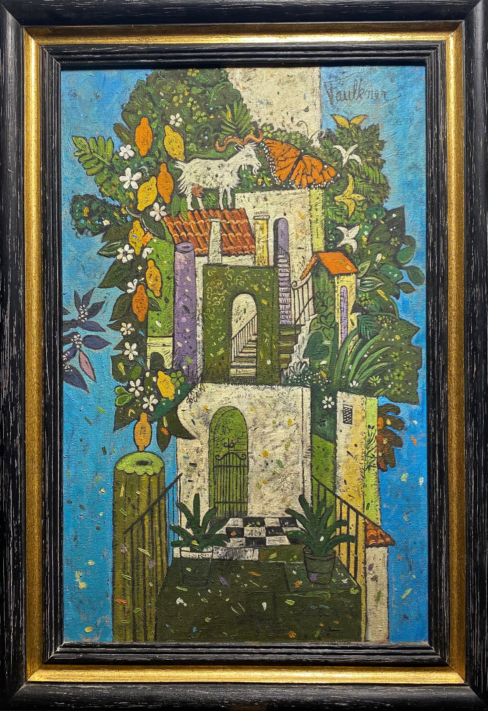 Henry Faulkner Surrealist Painting In the Style of: This lot consists of a hand painted oil on Masonite rendered in style of the Kentucky-born artist and poet Henry Faulkner (1924-1981).Lawrence Faulkner was a Kentucky-born artist and poet known as an 