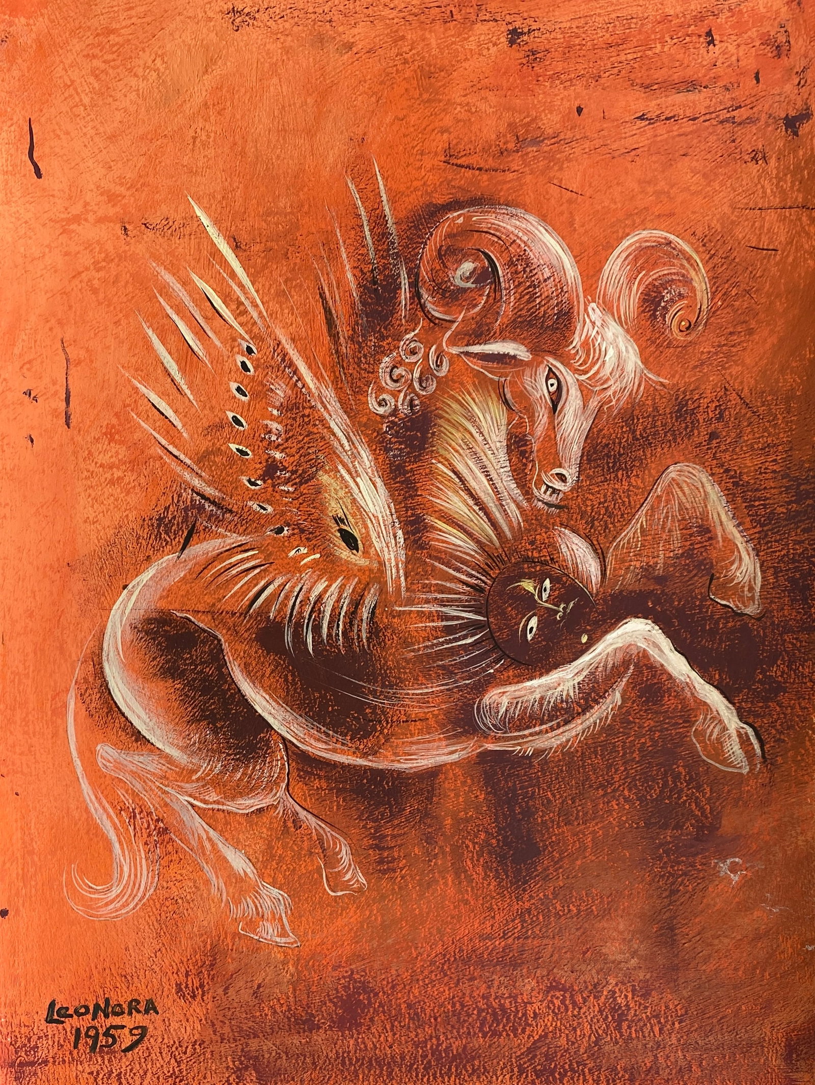 Leonora Carrington, Mixed Media on paper (Style Of): This lot consists of a hand painted Mixed Media on paper in the style of the painter Leonora Carrington. Leonora Carrington (Lancashire, England, April 6, 1917-Mexico City, May 25, 2011) was an Englis