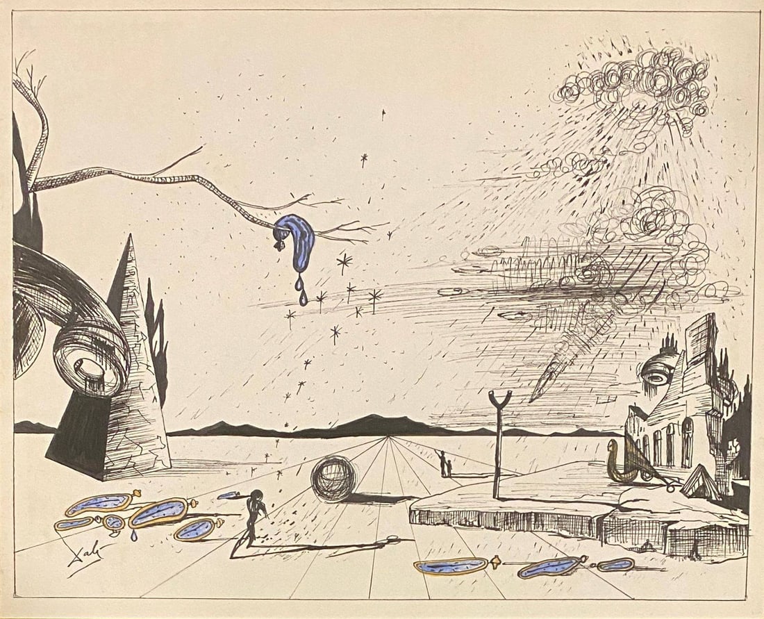 SALVADOR DALI IN THE STYLE OF: This lot consists of a hand-drawn ink drawing on paper in the style of the painter Salvador Dalí. Salvador Domingo Felipe Jacinto Dalí i Domènech, Marquis of Dalí de Púbol, was a 20th-century Spa