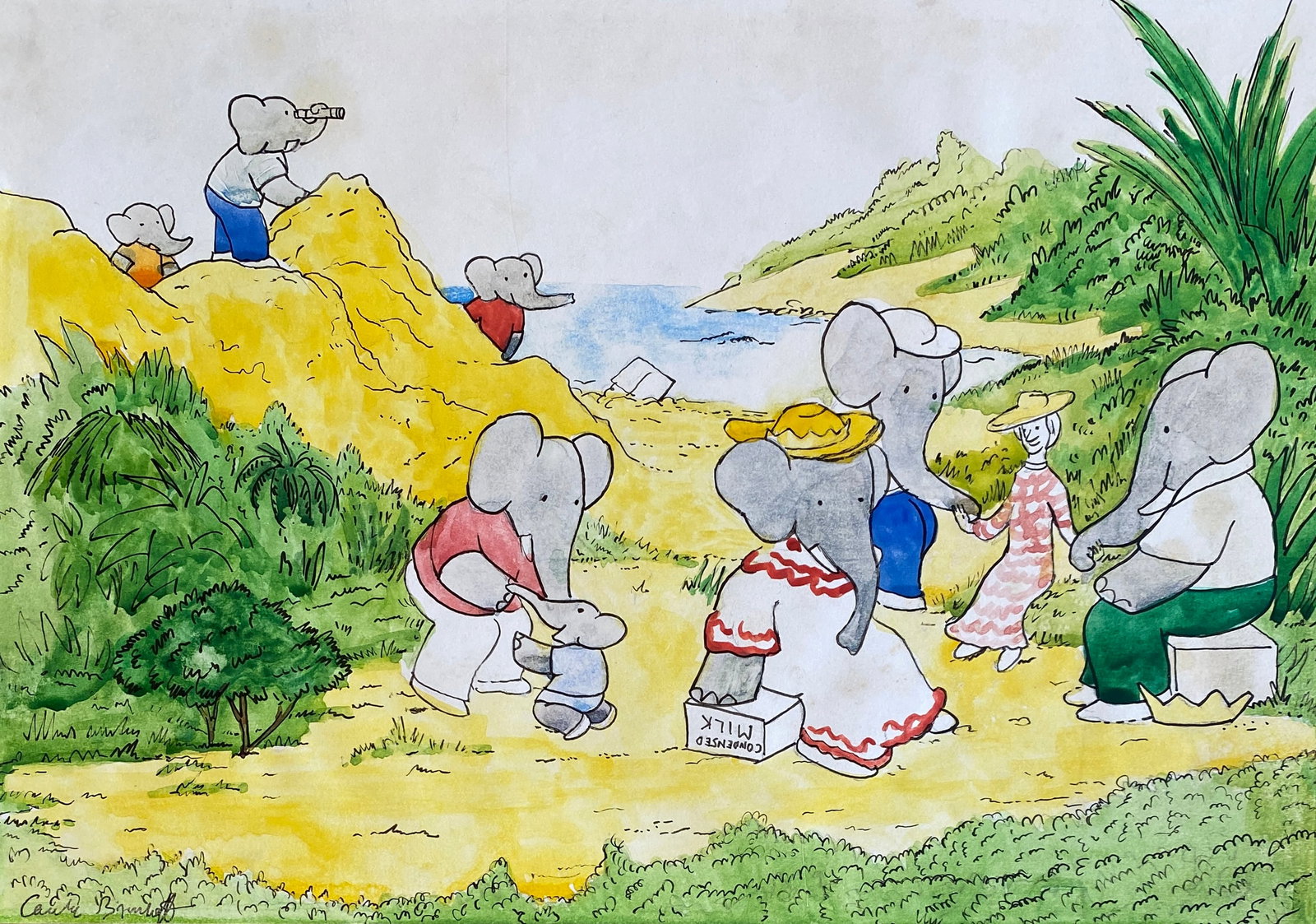 Laurent de Brunhoff (French b.1925)- Babar Style Of: This lot consists of a hand-painted watercolor on paper in the style of painter Laurent de Brunhoff. Laurent de Brunhoff (Paris, France, 1925), a writer and illustrator, studied painting and fine arts