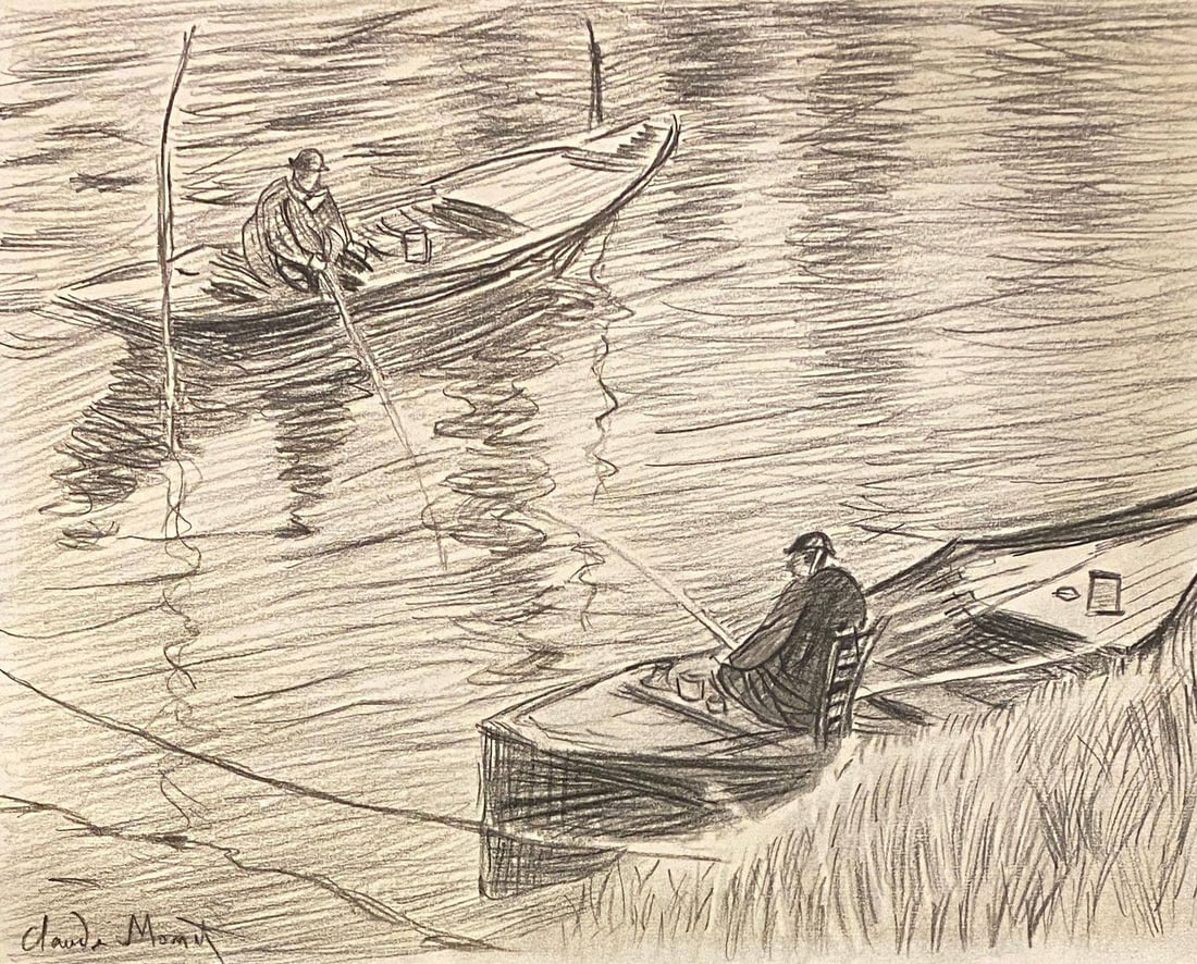 Claude Monet French Style Of: This lot consists of a hand painted Graphite on Paper rendered in style of the French painter Claude Monet (1840-1926). Oscar-Claude Monet was a French painter, a founder of French Impressionist paint