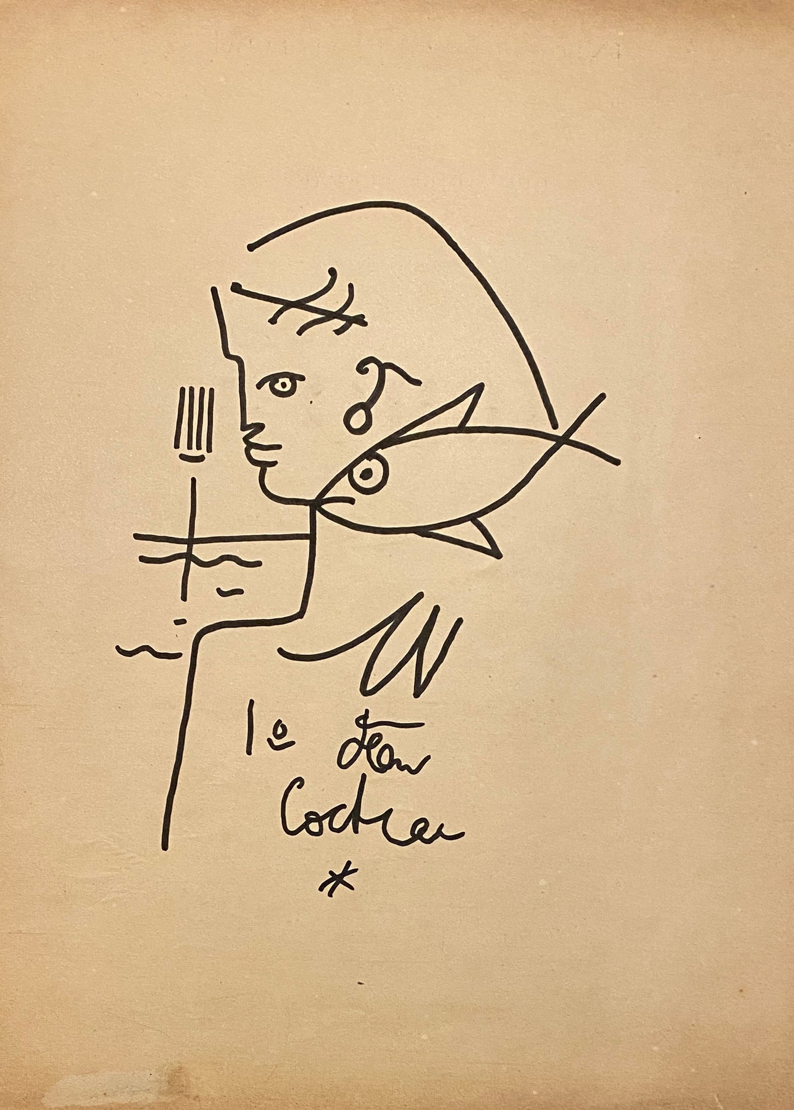 Jean Cocteau Ink Drawing on Paper (style of): This lot consists of a hand painted Ink on paper in the style of the painter Jean Cocteau.Jean Cocteau was a French poet, playwright, writer, art critic, essayist, painter, film director and designer.