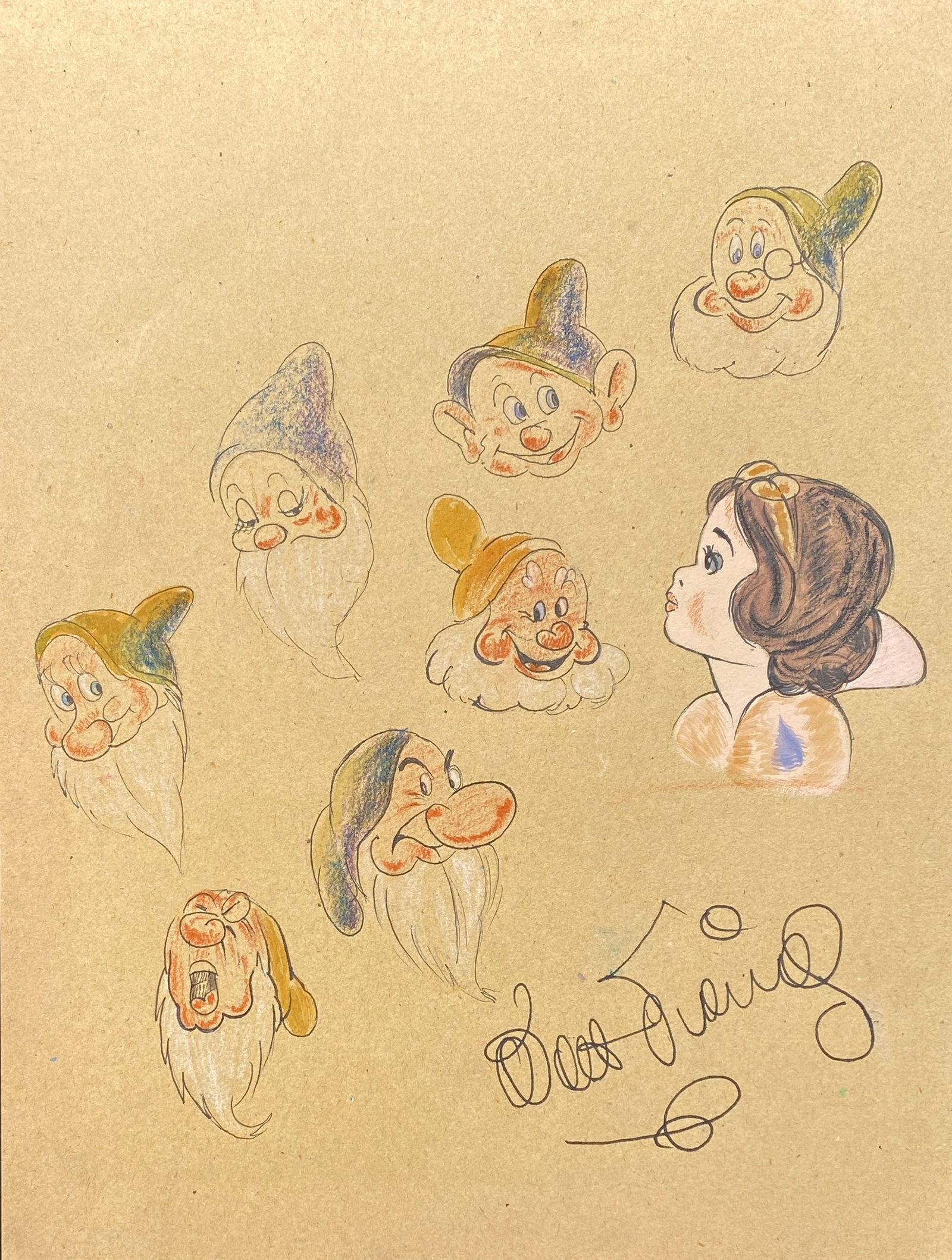 Walt Disney Hand Sketch Snow White and the Seven Dwarfs (style of): This lot consists of a hand painted Sketch in the style of the painter Walt Disney. Walter Elias Disney was an American businessman, animator, screenwriter, voice actor and film producer. A pioneer of