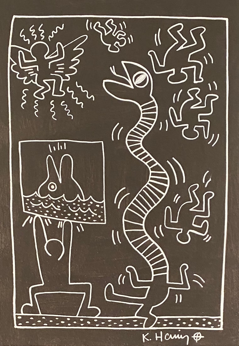 KEITH HARING MARKER ON PAPER STYLE OF: This lot consists of a hand painted drawing on paper in the style of the painter Keith Haring.Keith Allen Haring was an American artist and social activist whose pop art emerged from the New York graf