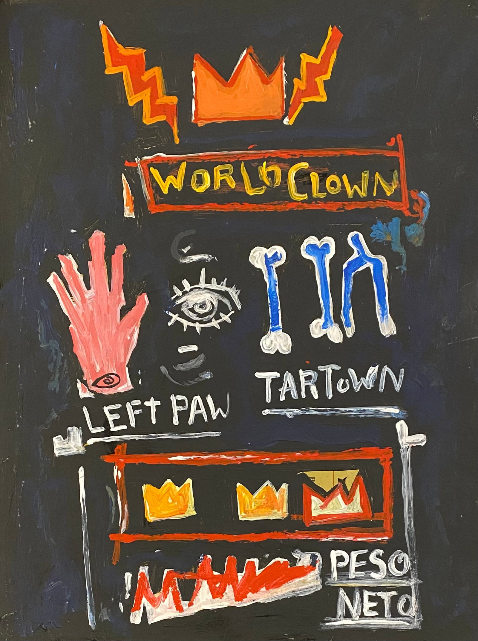 Jean Michel Basquiat American 1960 - 1988 Acrylic on cardboard Painting Haring Pop Art Style Of: This lot consists of a hand painted Acrylic on cardboard in the style of the painter Jean-Michel Basquiat.Jean-Michel Basquiat, also known as SAMO, was an American artist of Haitian and Puerto Rican d