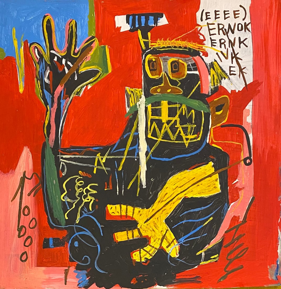 Jean Michel Basquiat American 1960 - 1988 Acrylic on cardboard Painting Haring Pop Art Style Of: This lot consists of a hand painted Acrylic on cardboard in the style of the painter Jean-Michel Basquiat.Jean-Michel Basquiat, also known as SAMO, was an American artist of Haitian and Puerto Rican d