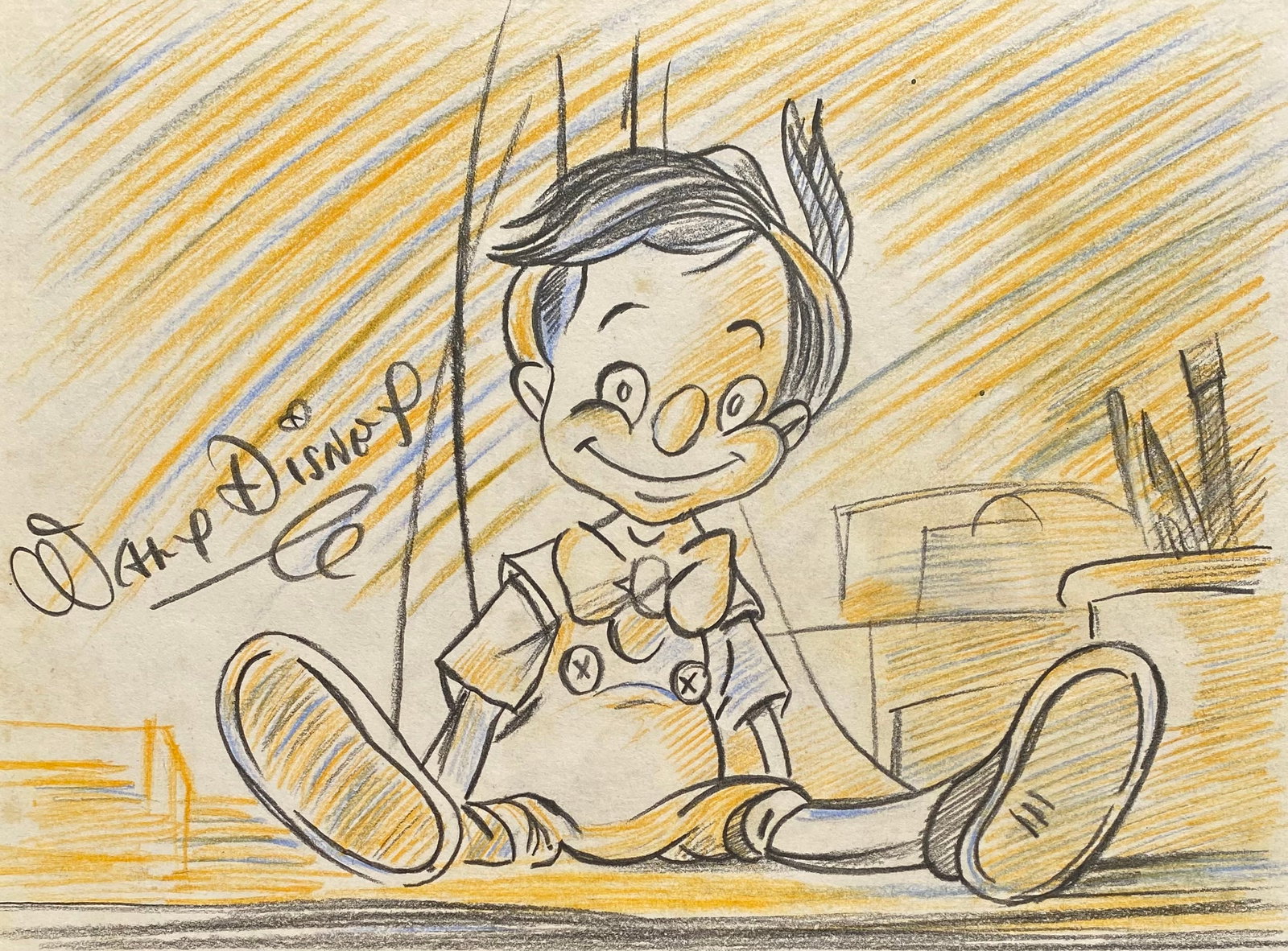 Walt Disney Hand Sketch of Pinocchio (style of): This lot consists of a hand painted Sketch in the style of the painter Walt Disney. Walter Elias Disney was an American businessman, animator, screenwriter, voice actor and film producer. A pioneer of